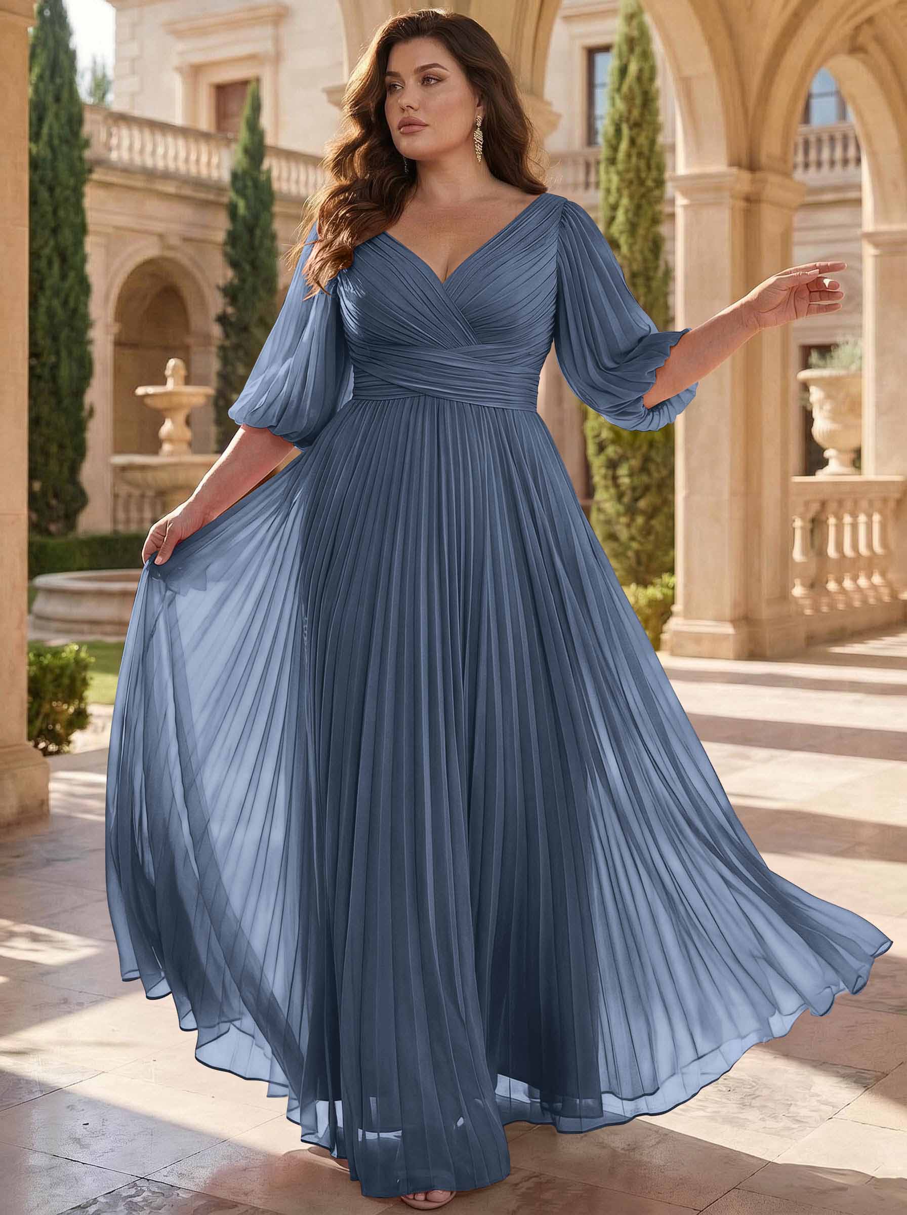 A-Line V-Neck 1/2 Sleeves Chiffon Mother Of The Bride Dresses With Pleated