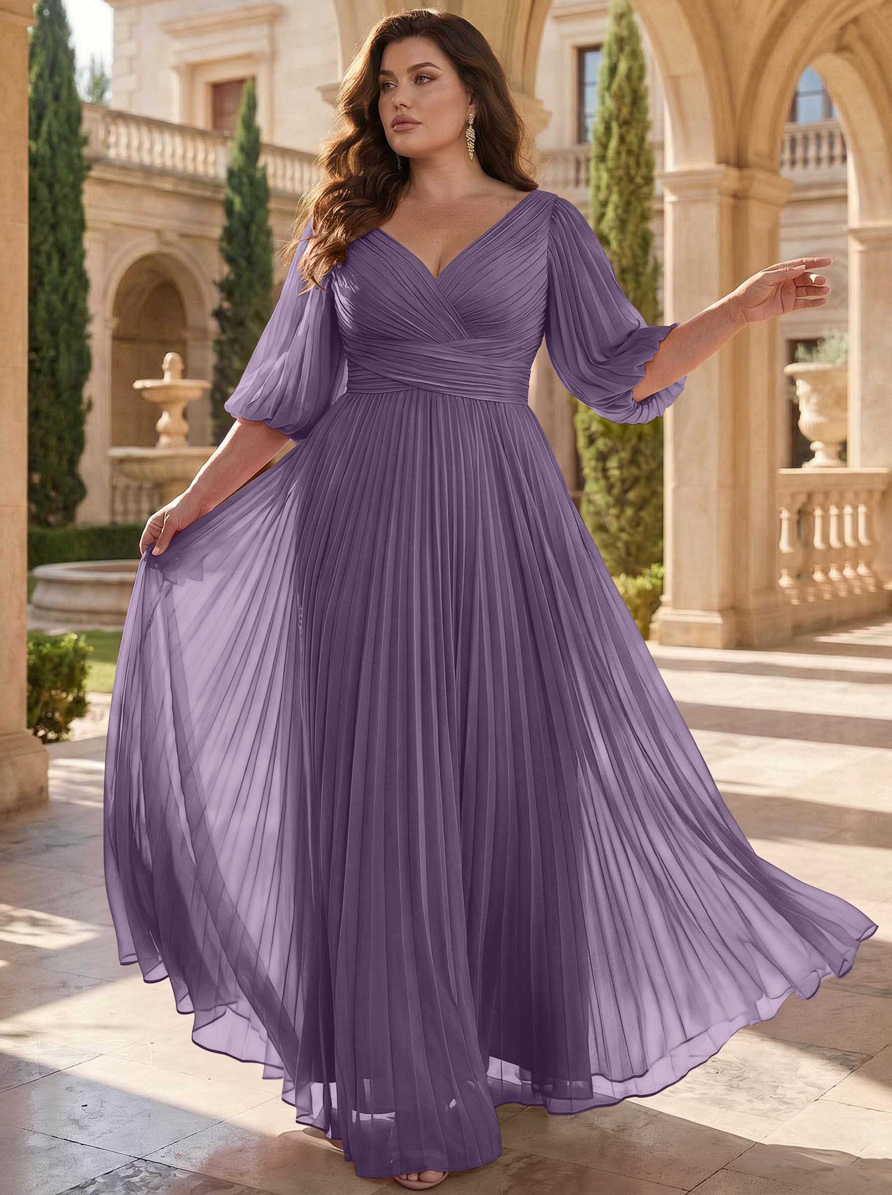 A-Line V-Neck 1/2 Sleeves Chiffon Mother Of The Bride Dresses With Pleated