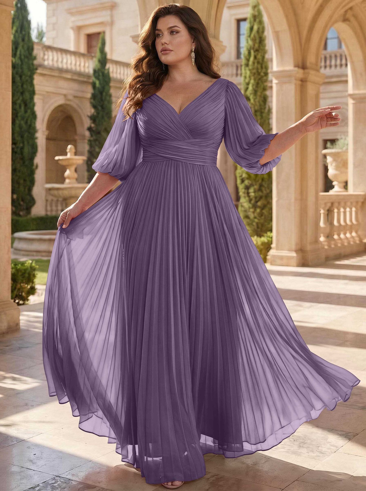 A-Line V-Neck 1/2 Sleeves Chiffon Mother Of The Bride Dresses With Pleated
