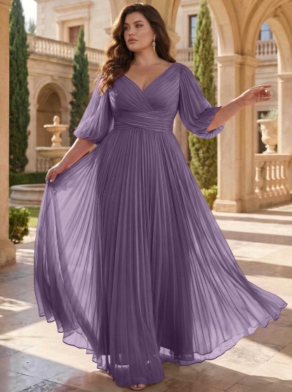 A-Line V-Neck 1/2 Sleeves Chiffon Mother Of The Bride Dresses With Pleated