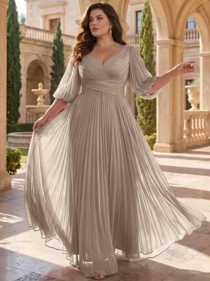 A-Line V-Neck 1/2 Sleeves Chiffon Mother Of The Bride Dresses With Pleated