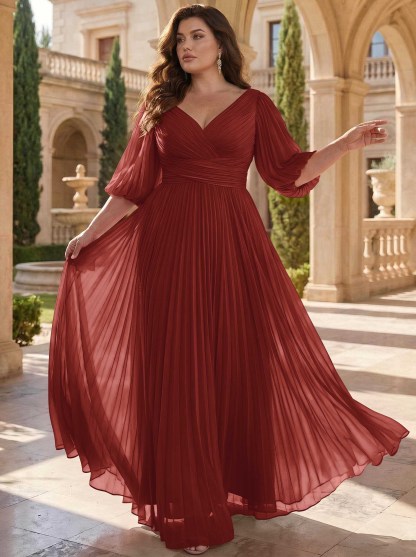 A-Line V-Neck 1/2 Sleeves Chiffon Mother Of The Bride Dresses With Pleated