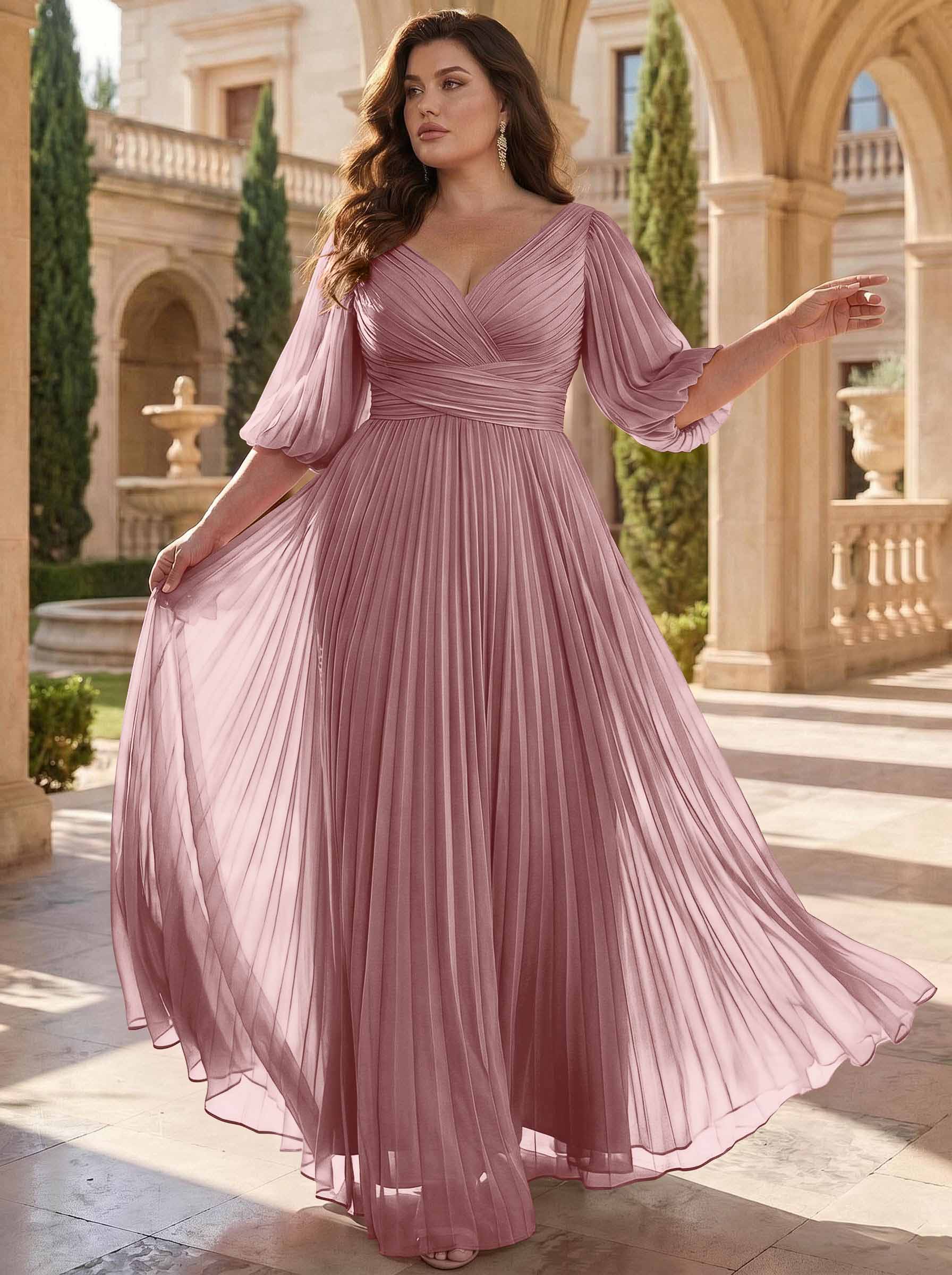 A-Line V-Neck 1/2 Sleeves Chiffon Mother Of The Bride Dresses With Pleated