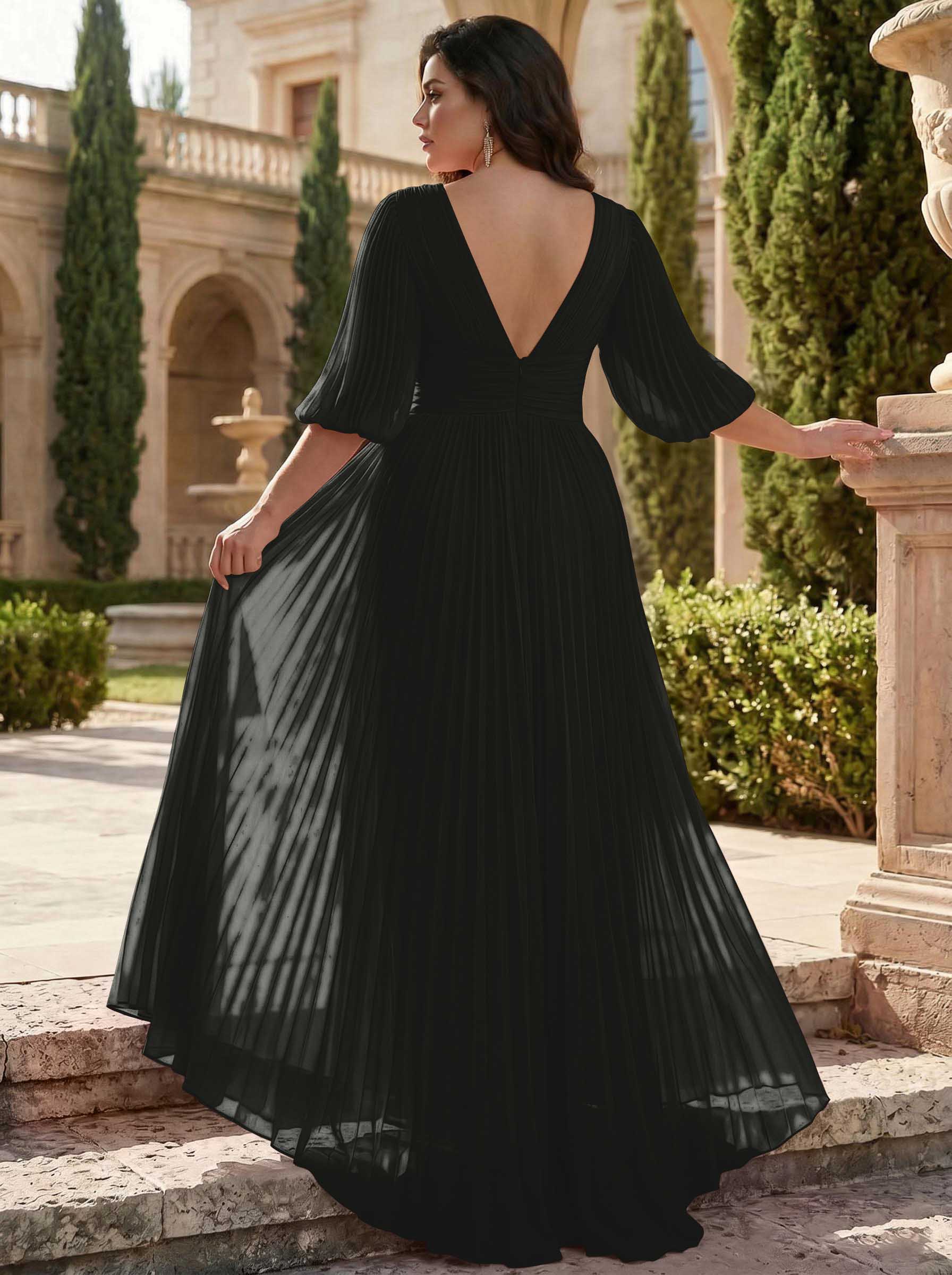 A-Line V-Neck 1/2 Sleeves Chiffon Mother Of The Bride Dresses With Pleated