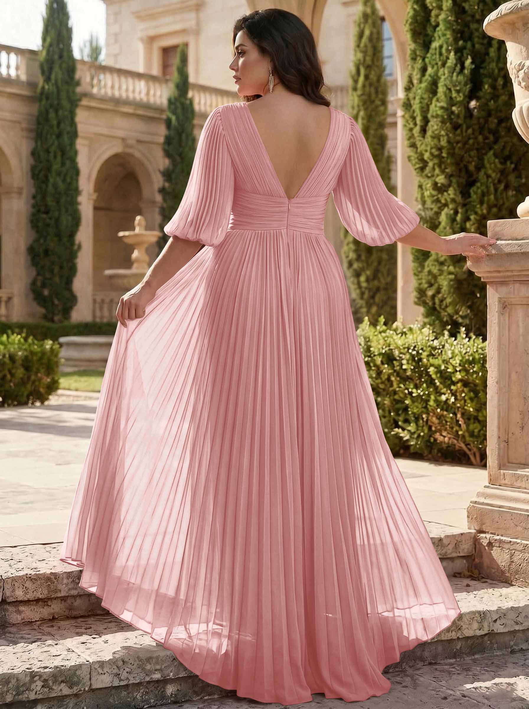 A-Line V-Neck 1/2 Sleeves Chiffon Mother Of The Bride Dresses With Pleated