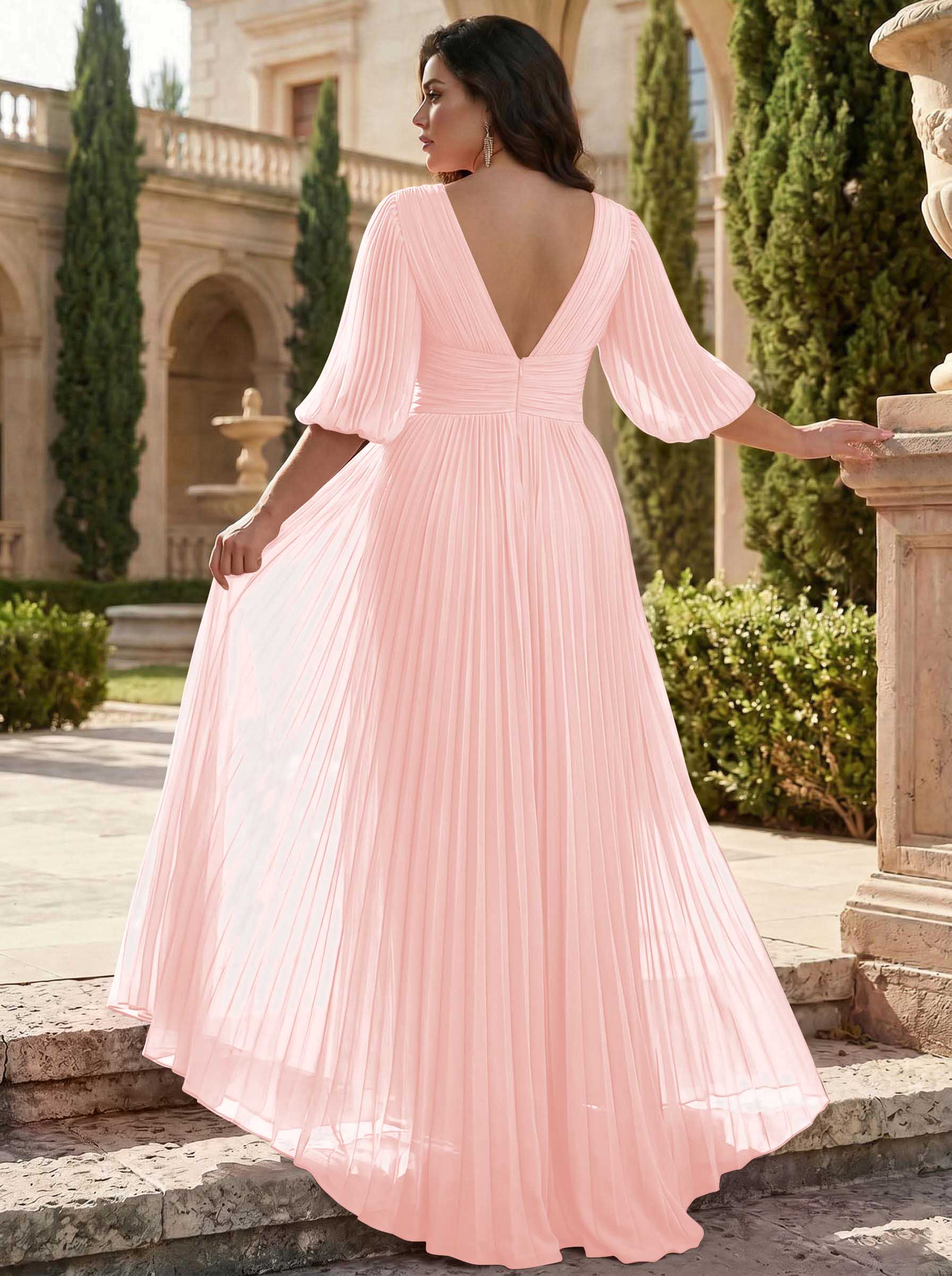 A-Line V-Neck 1/2 Sleeves Chiffon Mother Of The Bride Dresses With Pleated