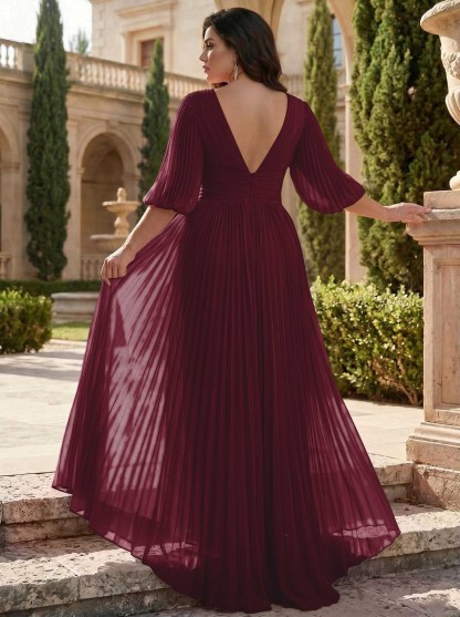 A-Line V-Neck 1/2 Sleeves Chiffon Mother Of The Bride Dresses With Pleated