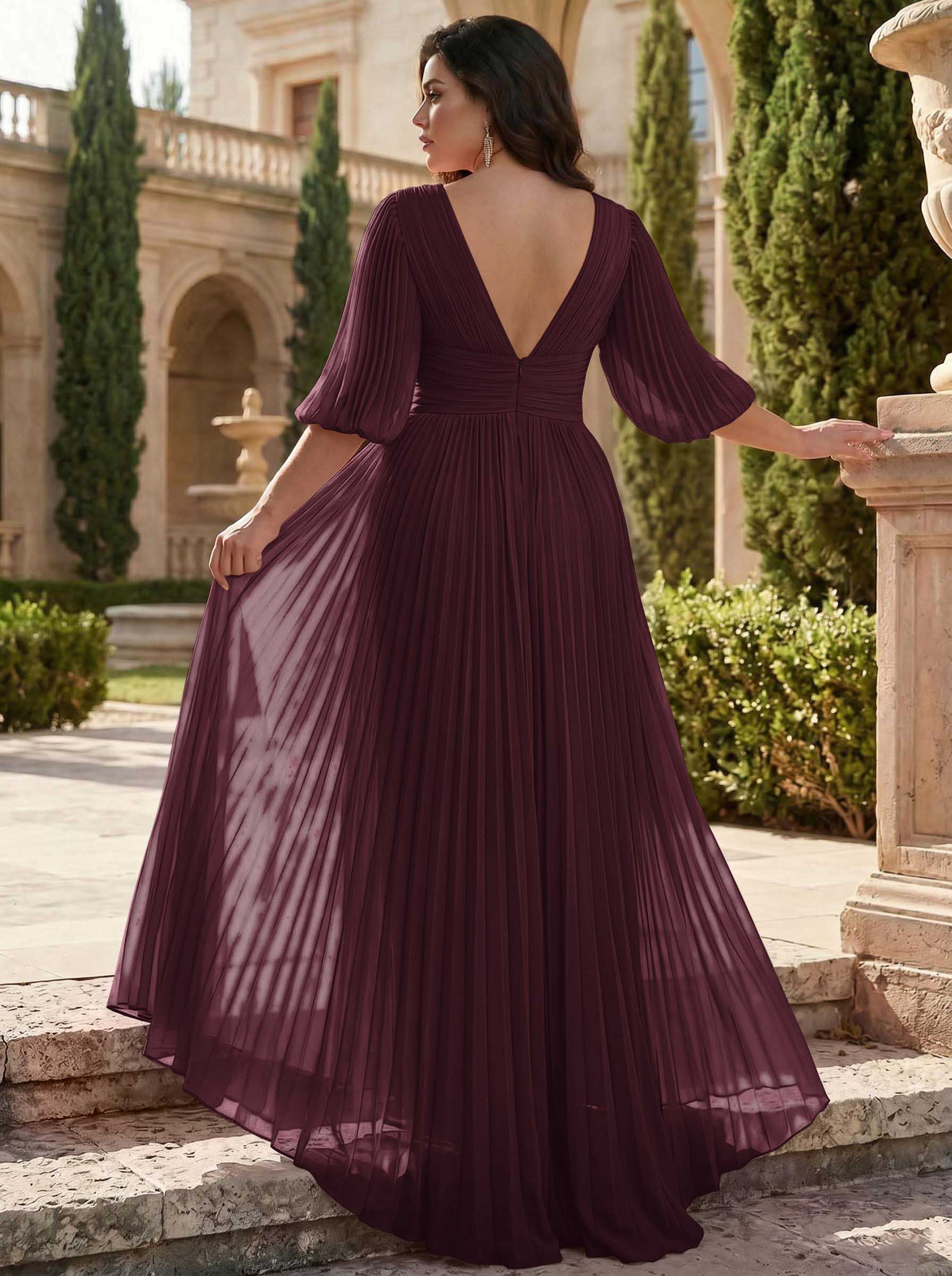 A-Line V-Neck 1/2 Sleeves Chiffon Mother Of The Bride Dresses With Pleated