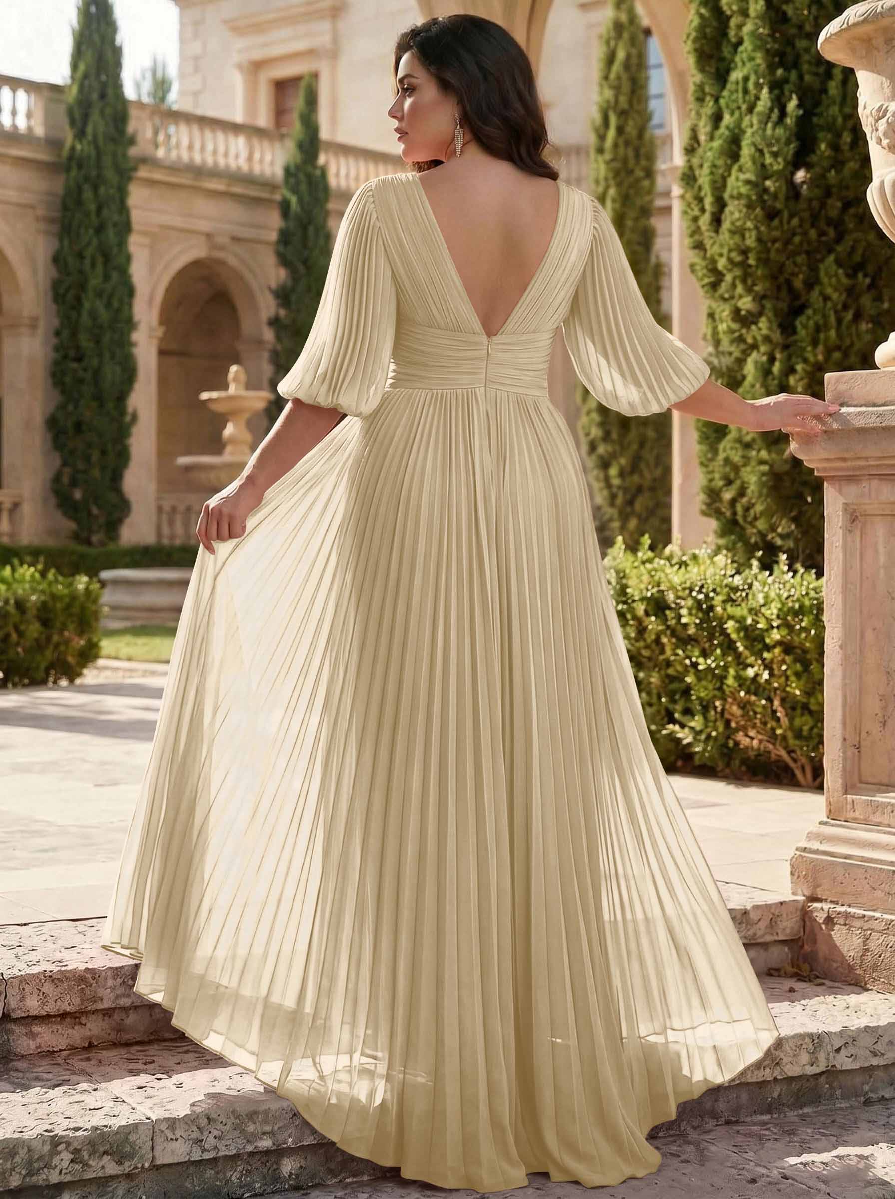 A-Line V-Neck 1/2 Sleeves Chiffon Mother Of The Bride Dresses With Pleated