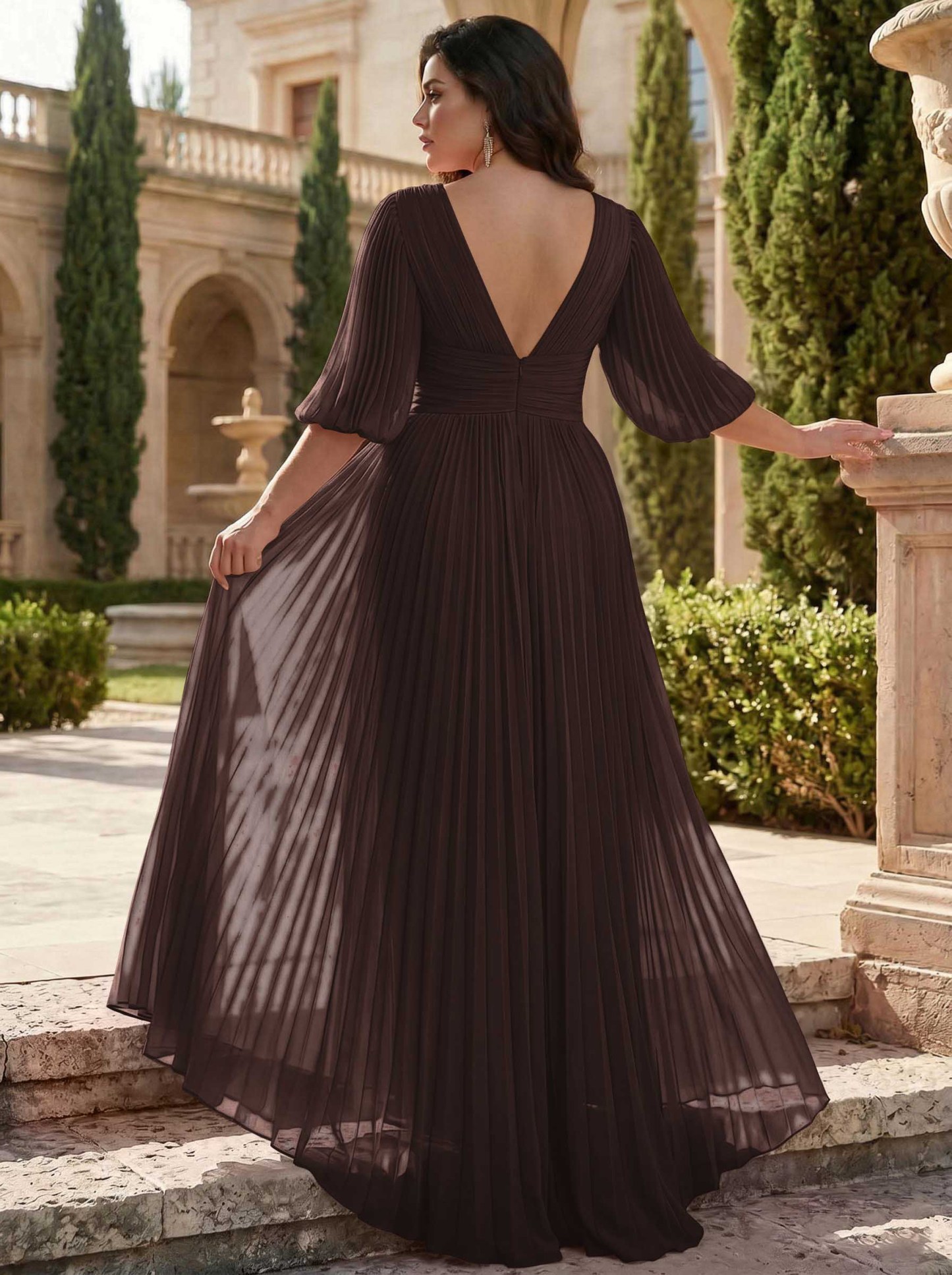 A-Line V-Neck 1/2 Sleeves Chiffon Mother Of The Bride Dresses With Pleated
