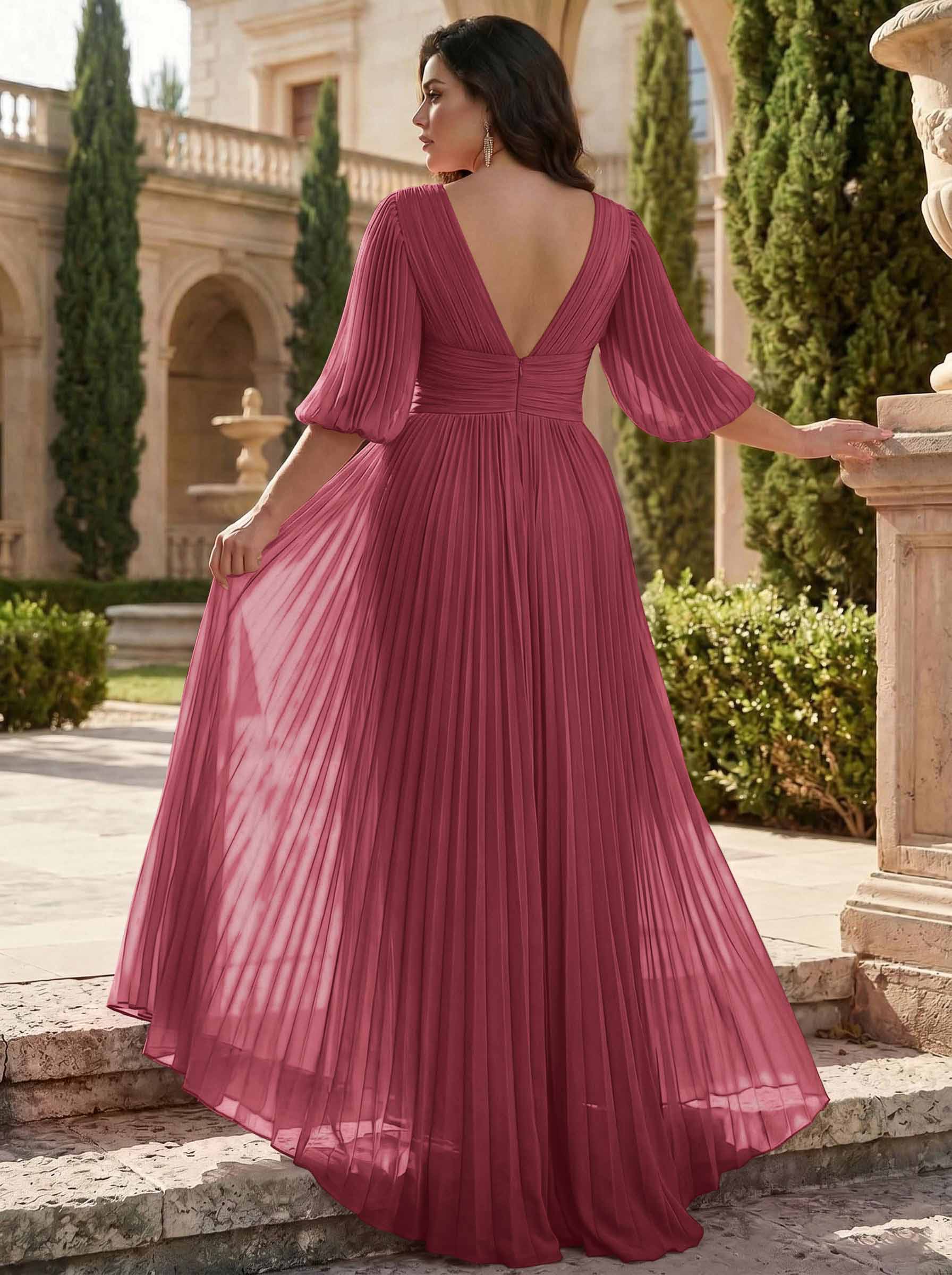 A-Line V-Neck 1/2 Sleeves Chiffon Mother Of The Bride Dresses With Pleated