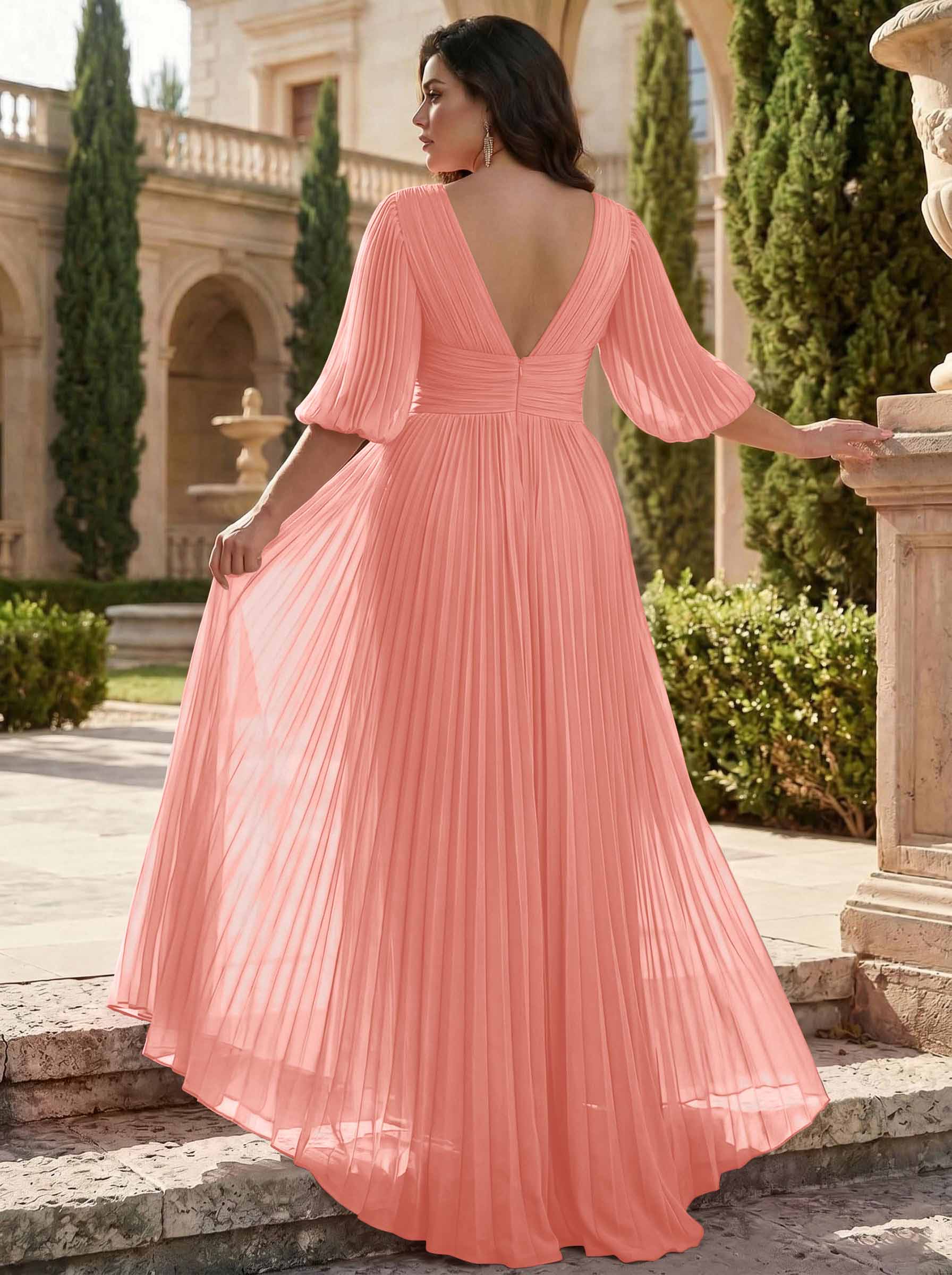 A-Line V-Neck 1/2 Sleeves Chiffon Mother Of The Bride Dresses With Pleated