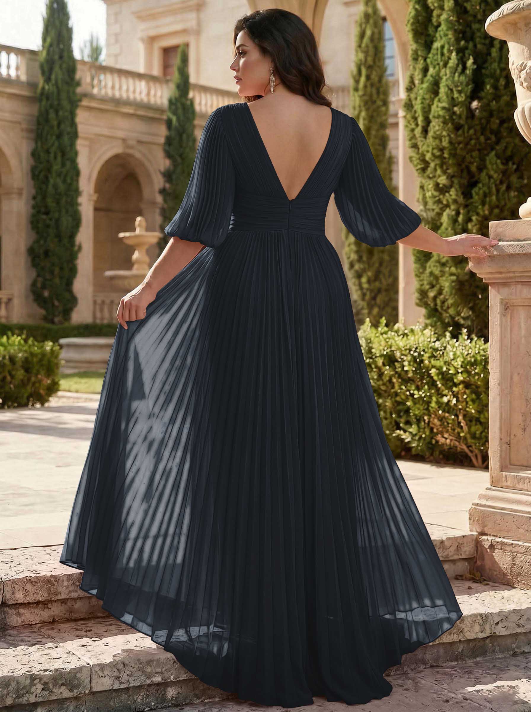 A-Line V-Neck 1/2 Sleeves Chiffon Mother Of The Bride Dresses With Pleated
