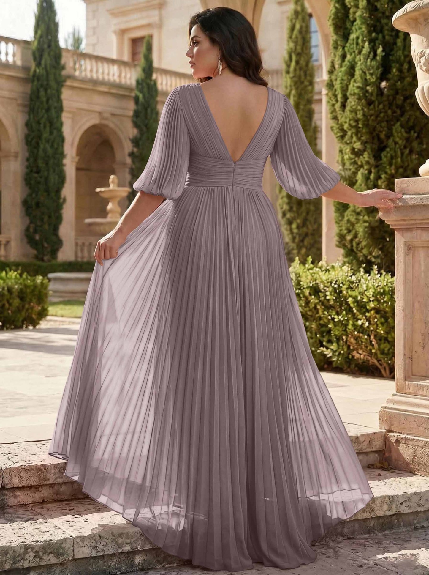 A-Line V-Neck 1/2 Sleeves Chiffon Mother Of The Bride Dresses With Pleated