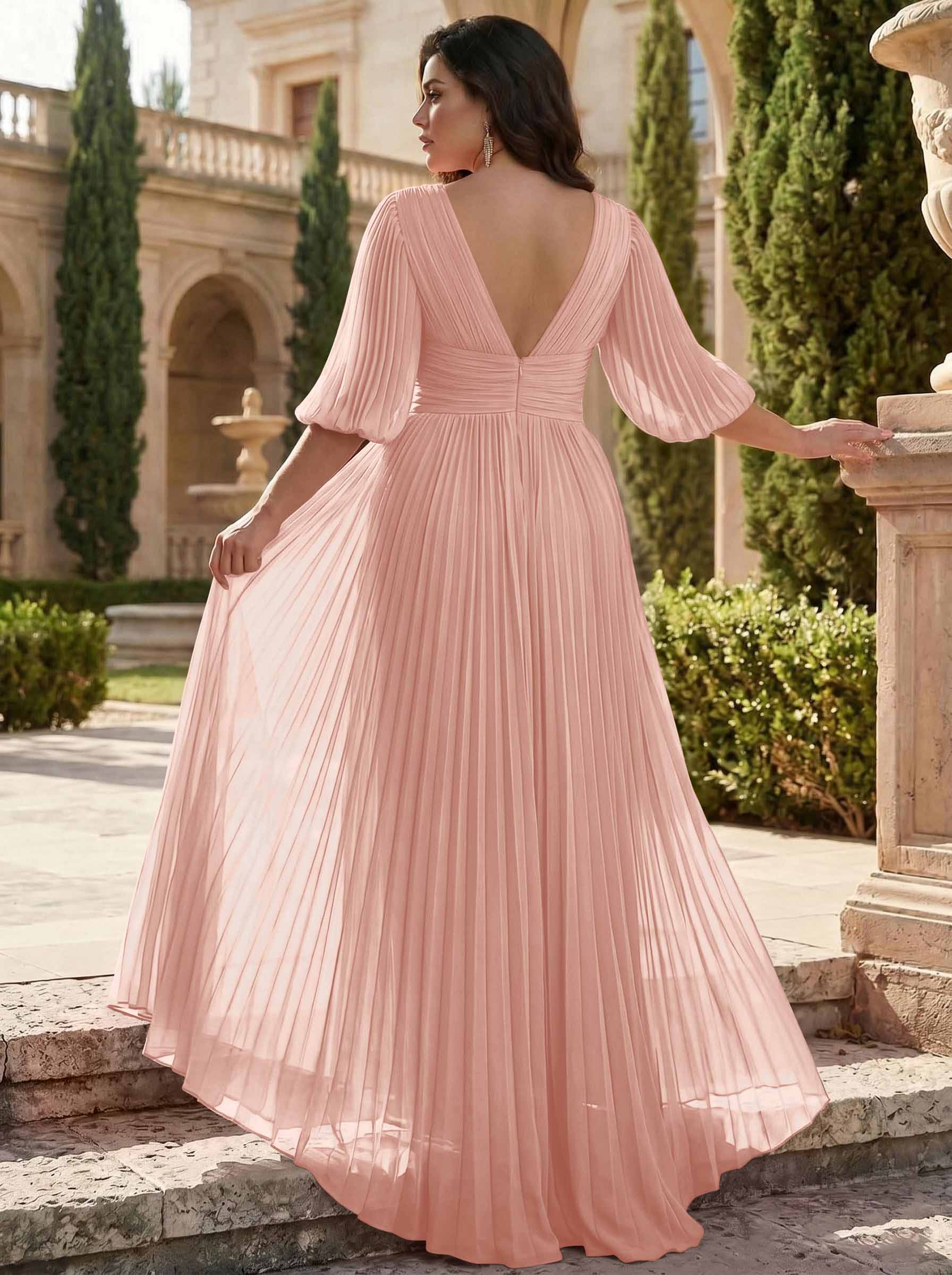 A-Line V-Neck 1/2 Sleeves Chiffon Mother Of The Bride Dresses With Pleated