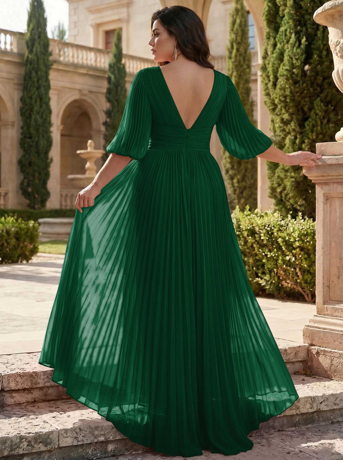 A-Line V-Neck 1/2 Sleeves Chiffon Mother Of The Bride Dresses With Pleated