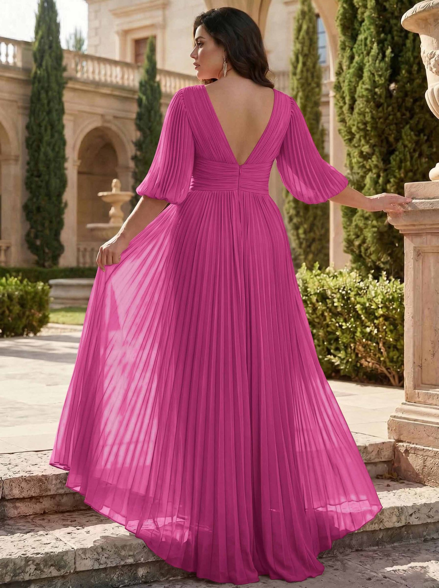 A-Line V-Neck 1/2 Sleeves Chiffon Mother Of The Bride Dresses With Pleated