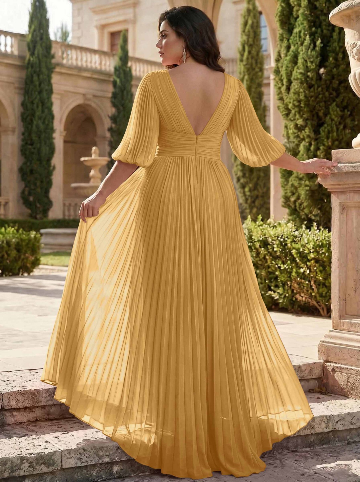 A-Line V-Neck 1/2 Sleeves Chiffon Mother Of The Bride Dresses With Pleated