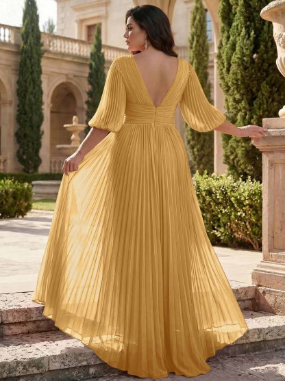 A-Line V-Neck 1/2 Sleeves Chiffon Mother Of The Bride Dresses With Pleated