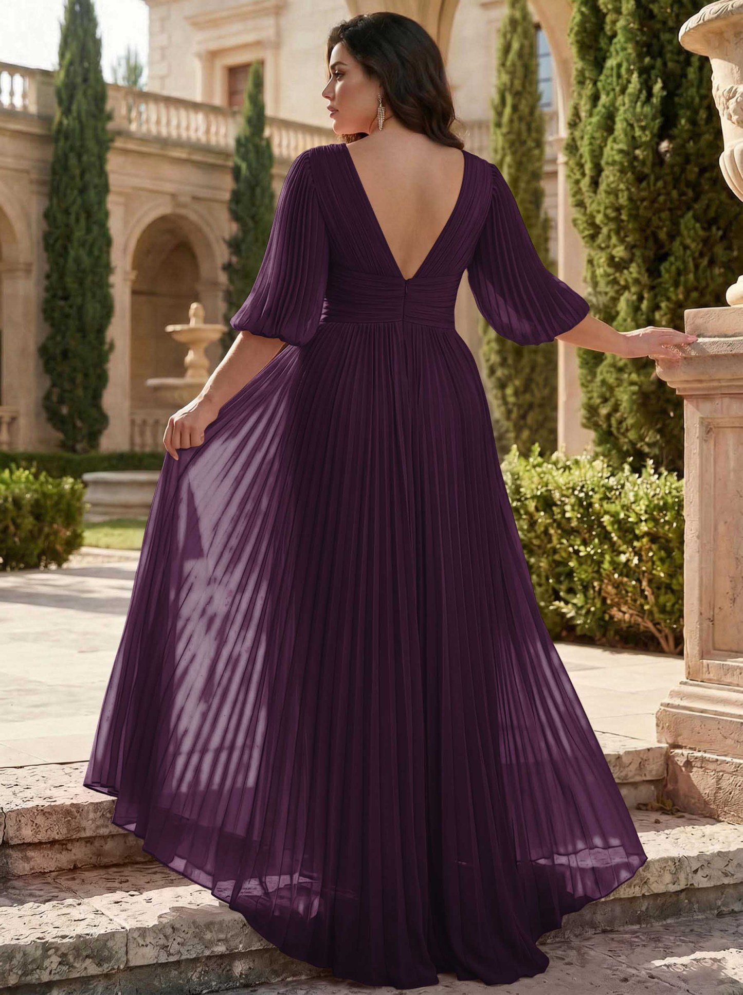 A-Line V-Neck 1/2 Sleeves Chiffon Mother Of The Bride Dresses With Pleated