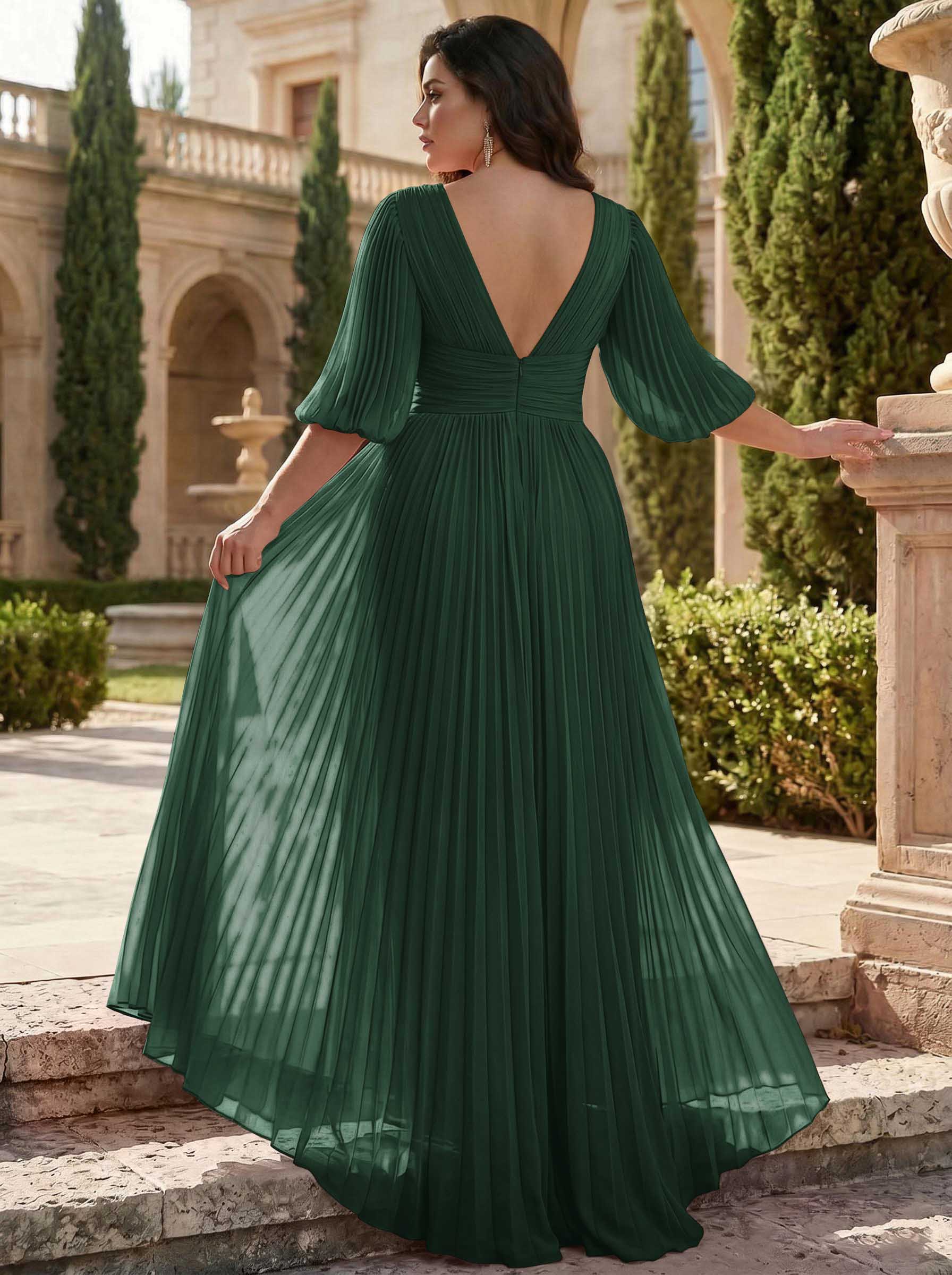 A-Line V-Neck 1/2 Sleeves Chiffon Mother Of The Bride Dresses With Pleated