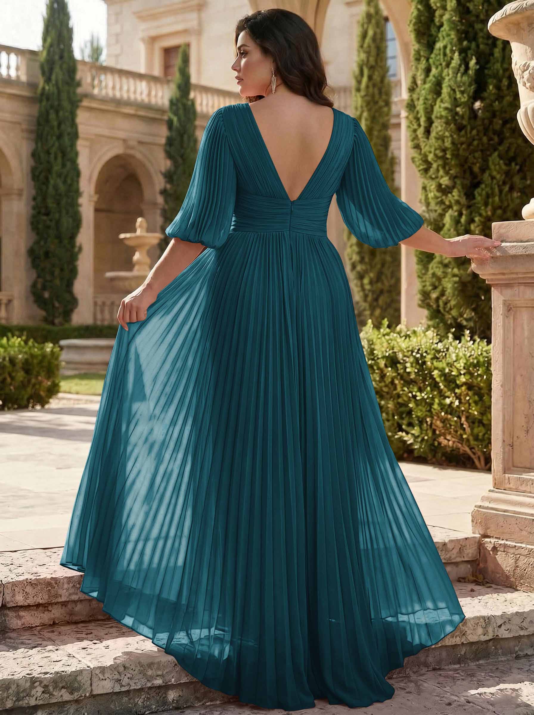 A-Line V-Neck 1/2 Sleeves Chiffon Mother Of The Bride Dresses With Pleated