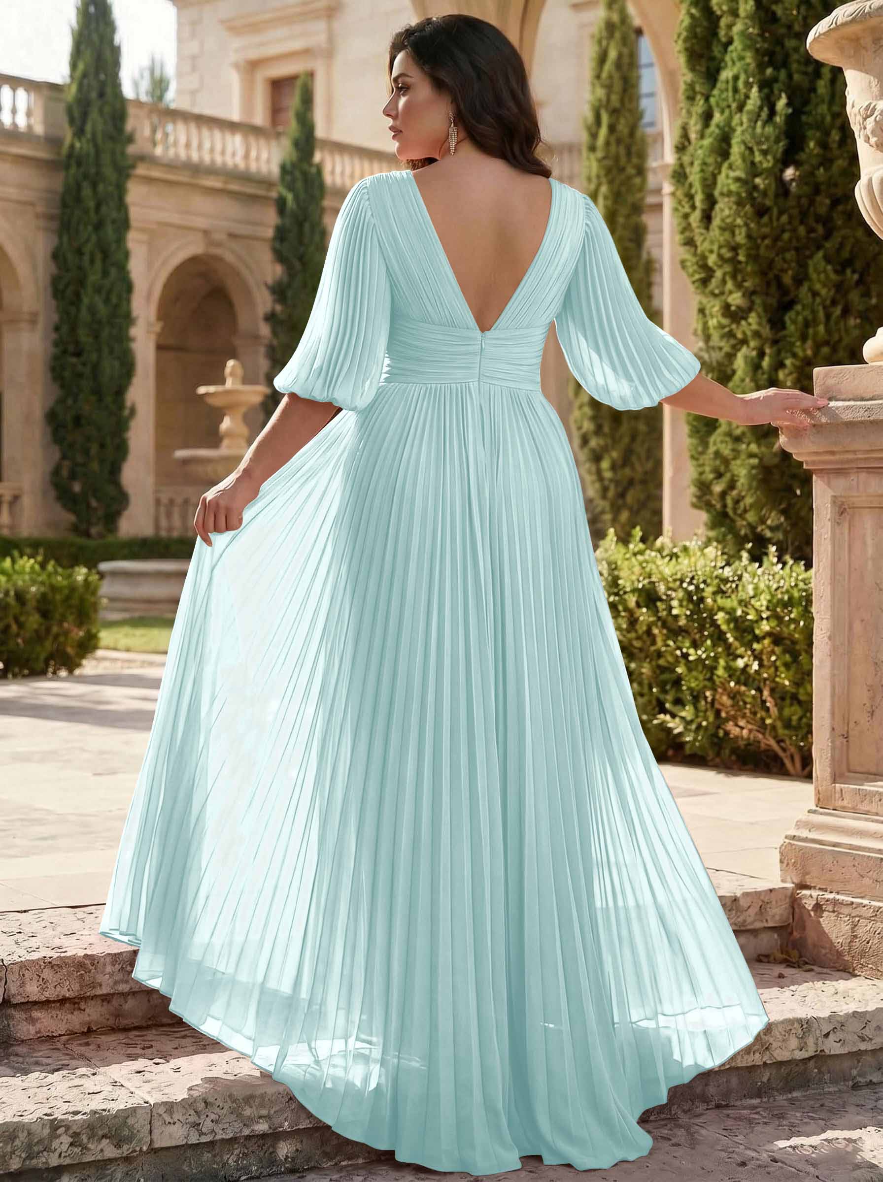 A-Line V-Neck 1/2 Sleeves Chiffon Mother Of The Bride Dresses With Pleated
