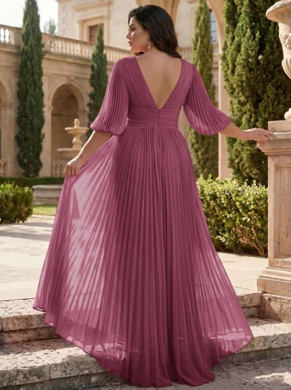 A-Line V-Neck 1/2 Sleeves Chiffon Mother Of The Bride Dresses With Pleated