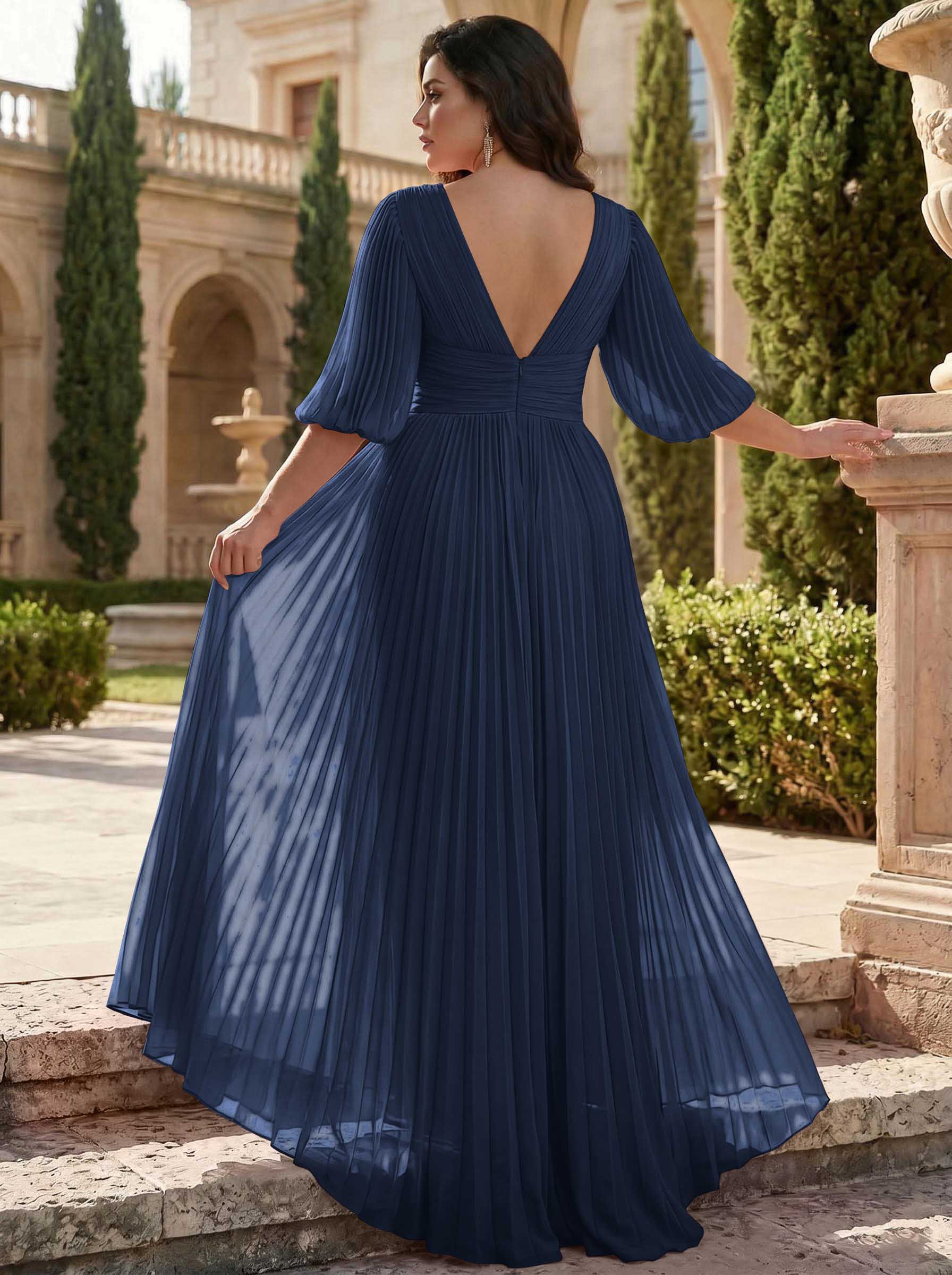 A-Line V-Neck 1/2 Sleeves Chiffon Mother Of The Bride Dresses With Pleated