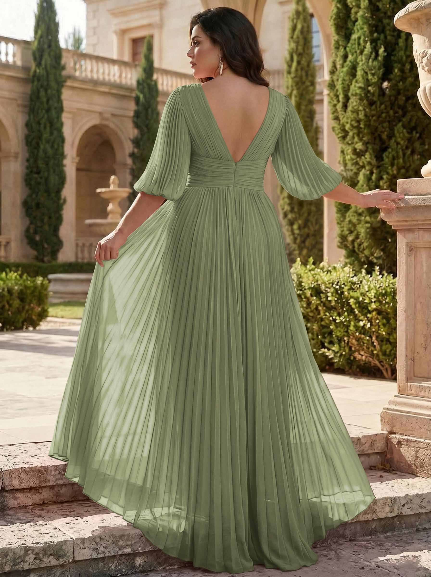 A-Line V-Neck 1/2 Sleeves Chiffon Mother Of The Bride Dresses With Pleated