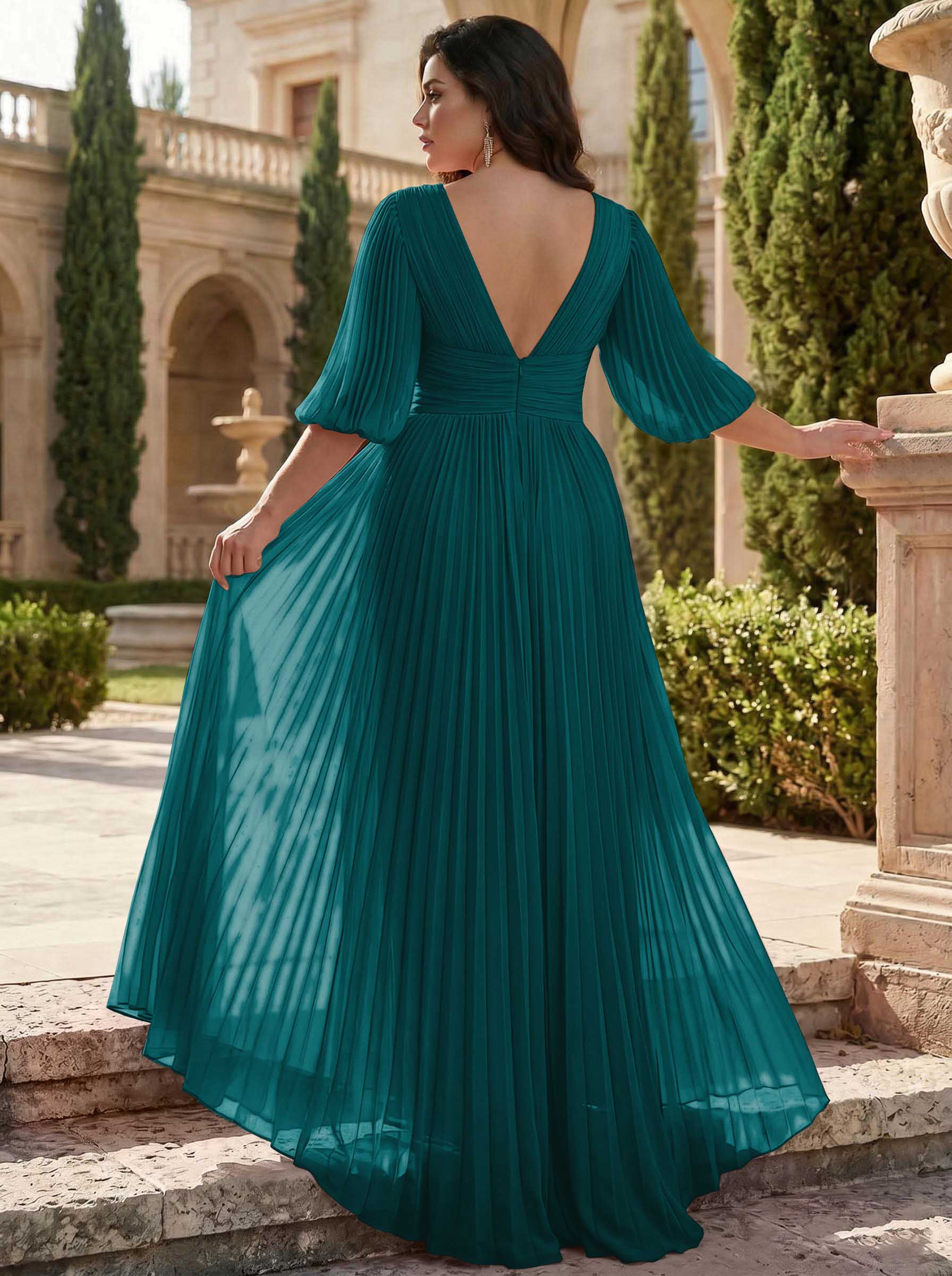A-Line V-Neck 1/2 Sleeves Chiffon Mother Of The Bride Dresses With Pleated