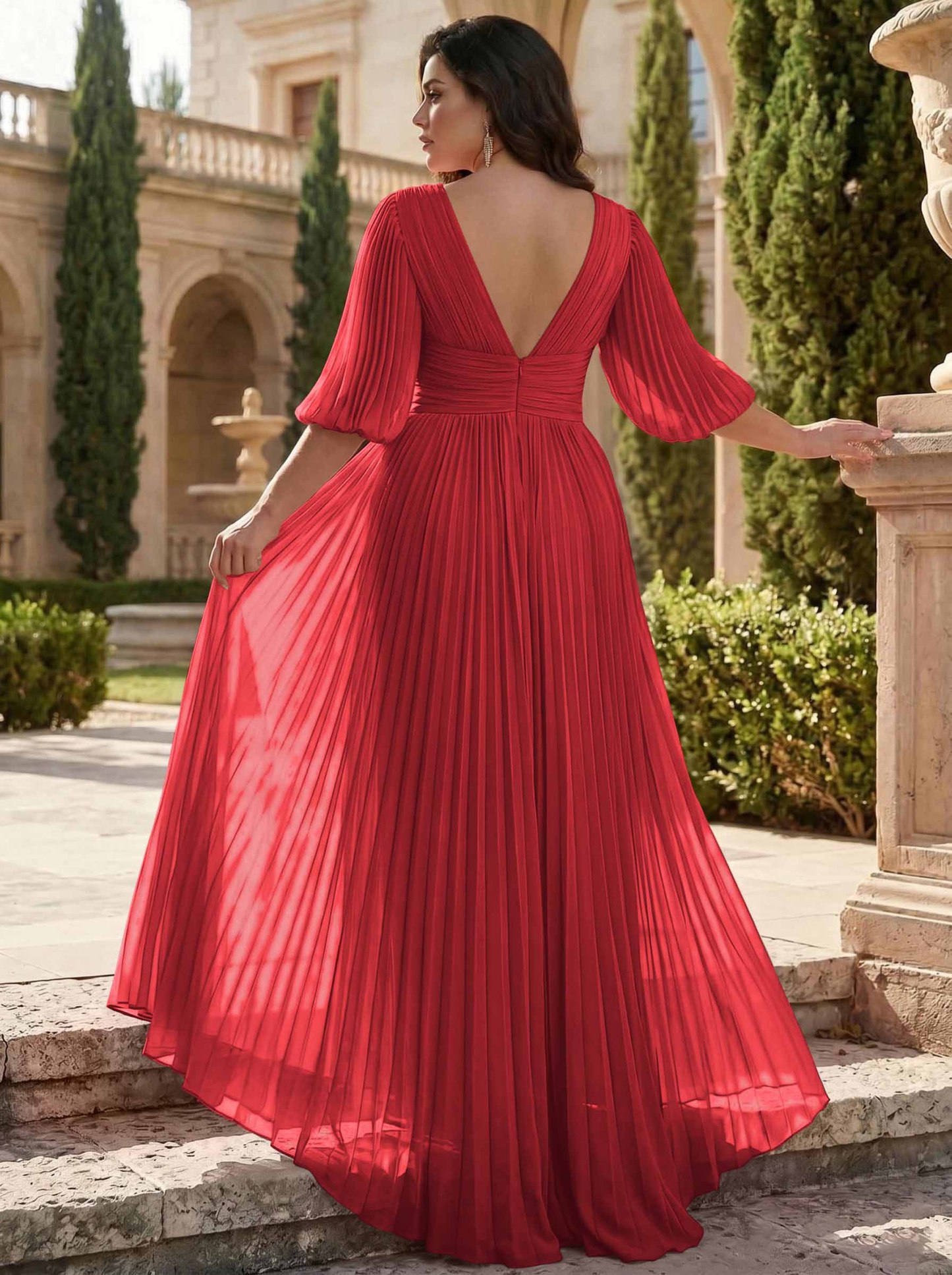 A-Line V-Neck 1/2 Sleeves Chiffon Mother Of The Bride Dresses With Pleated