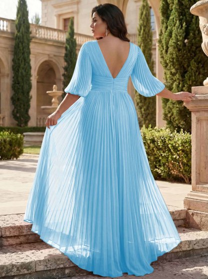 A-Line V-Neck 1/2 Sleeves Chiffon Mother Of The Bride Dresses With Pleated