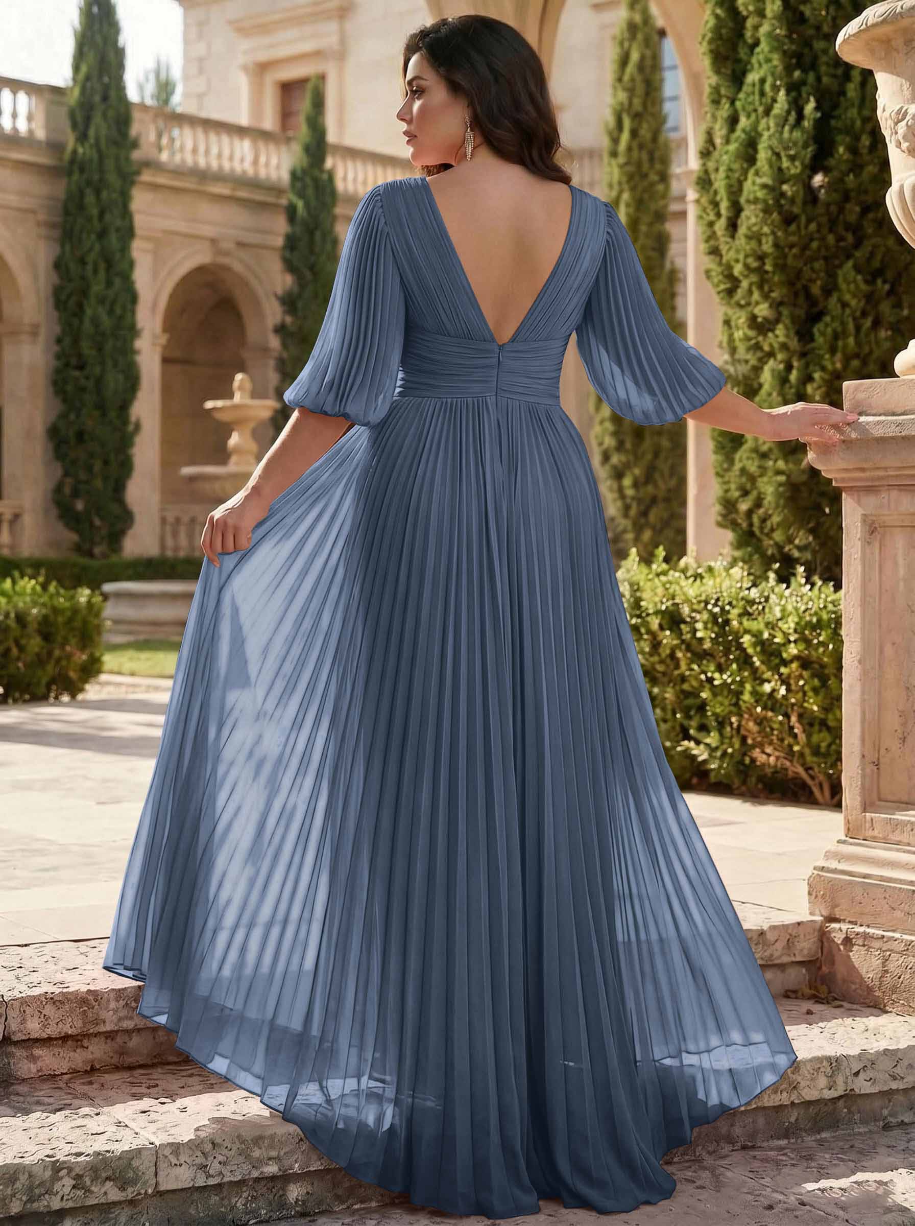 A-Line V-Neck 1/2 Sleeves Chiffon Mother Of The Bride Dresses With Pleated
