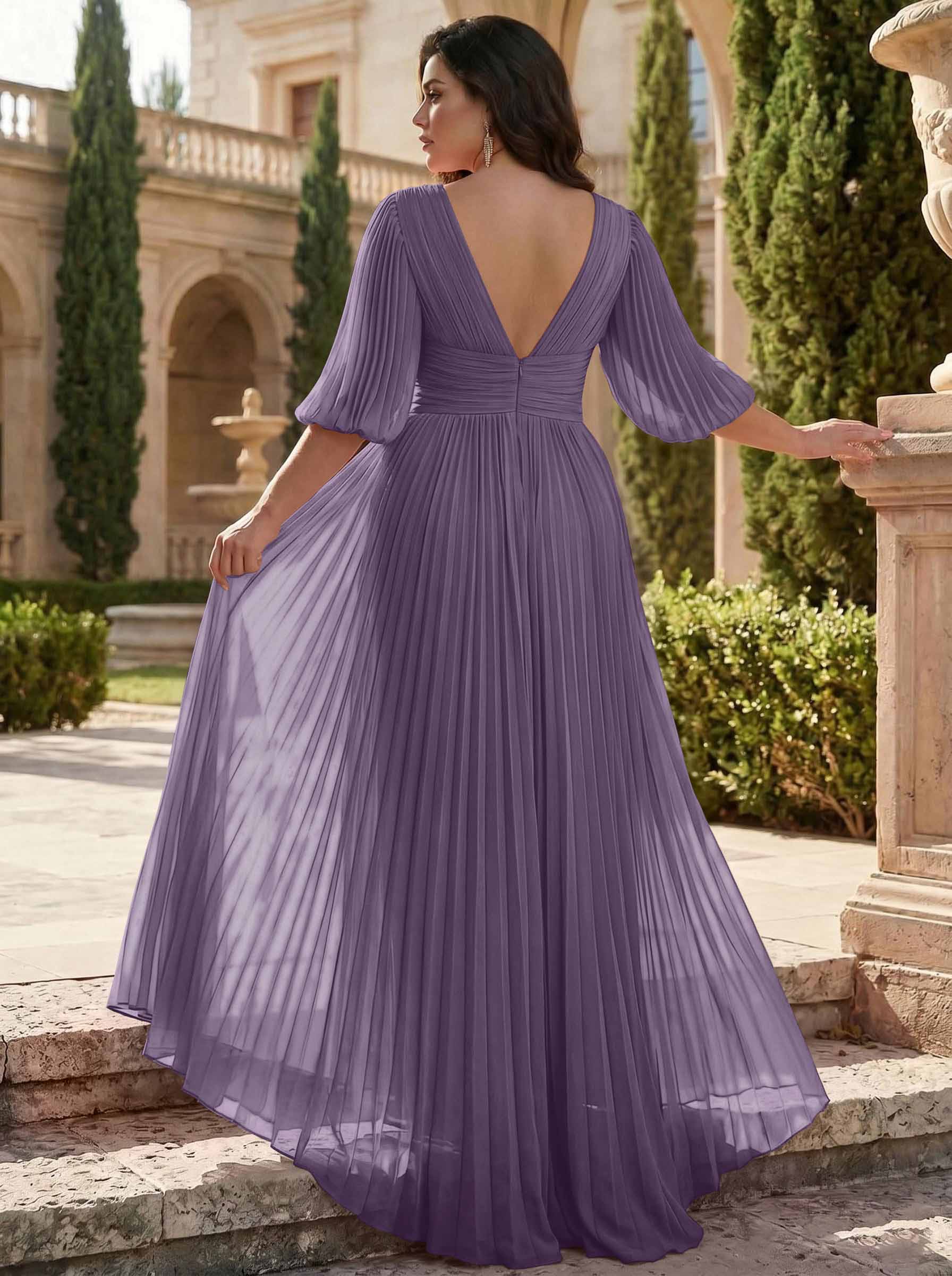 A-Line V-Neck 1/2 Sleeves Chiffon Mother Of The Bride Dresses With Pleated