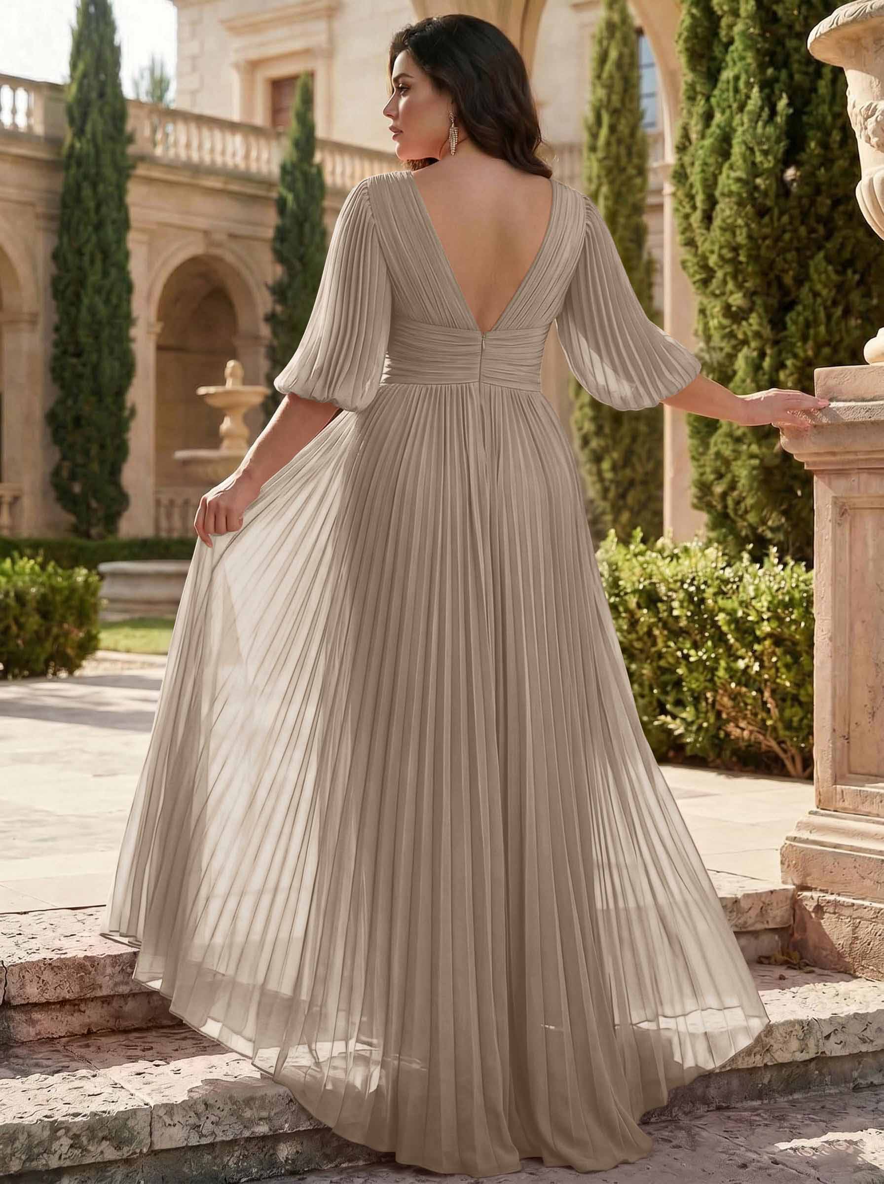 A-Line V-Neck 1/2 Sleeves Chiffon Mother Of The Bride Dresses With Pleated