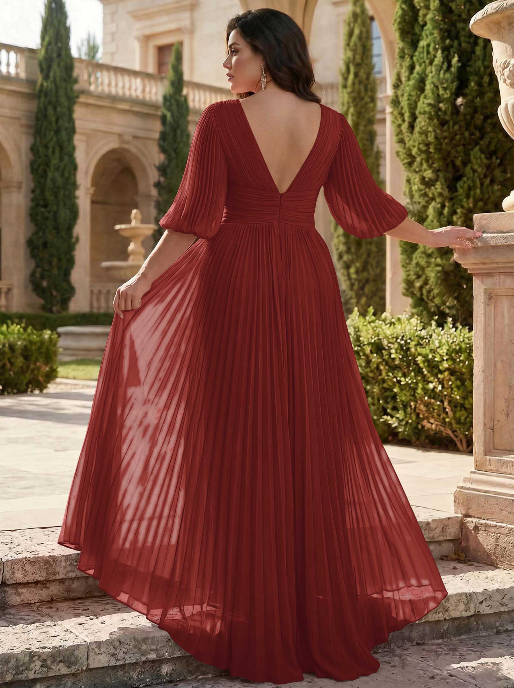 A-Line V-Neck 1/2 Sleeves Chiffon Mother Of The Bride Dresses With Pleated