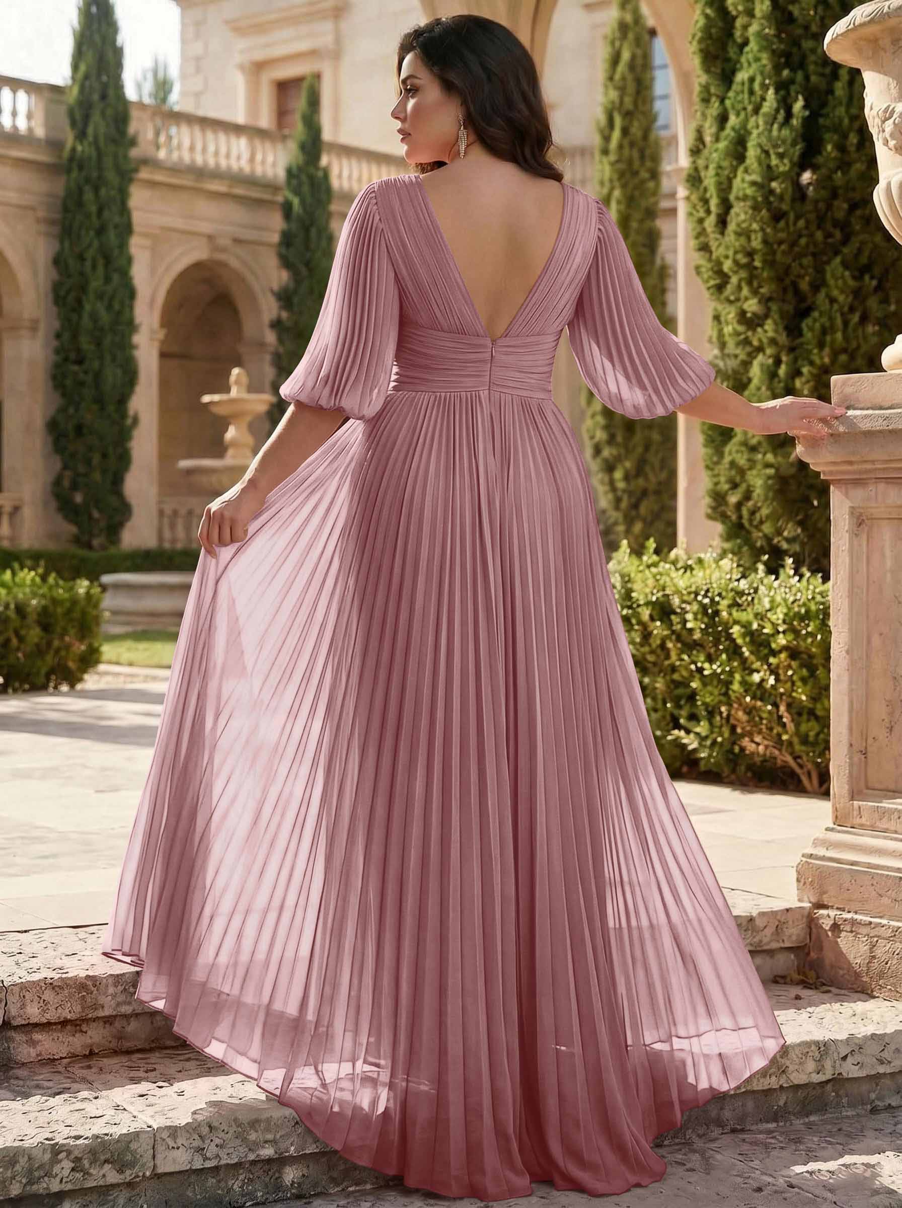 A-Line V-Neck 1/2 Sleeves Chiffon Mother Of The Bride Dresses With Pleated