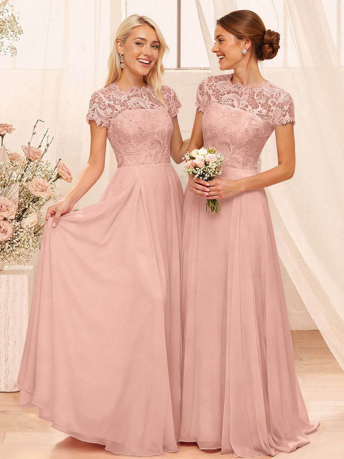A-Line Scoop Neck Sleeveless Cap Straps Chiffon Floor-Length Bridesmaid Dresses With Lace, product image 1