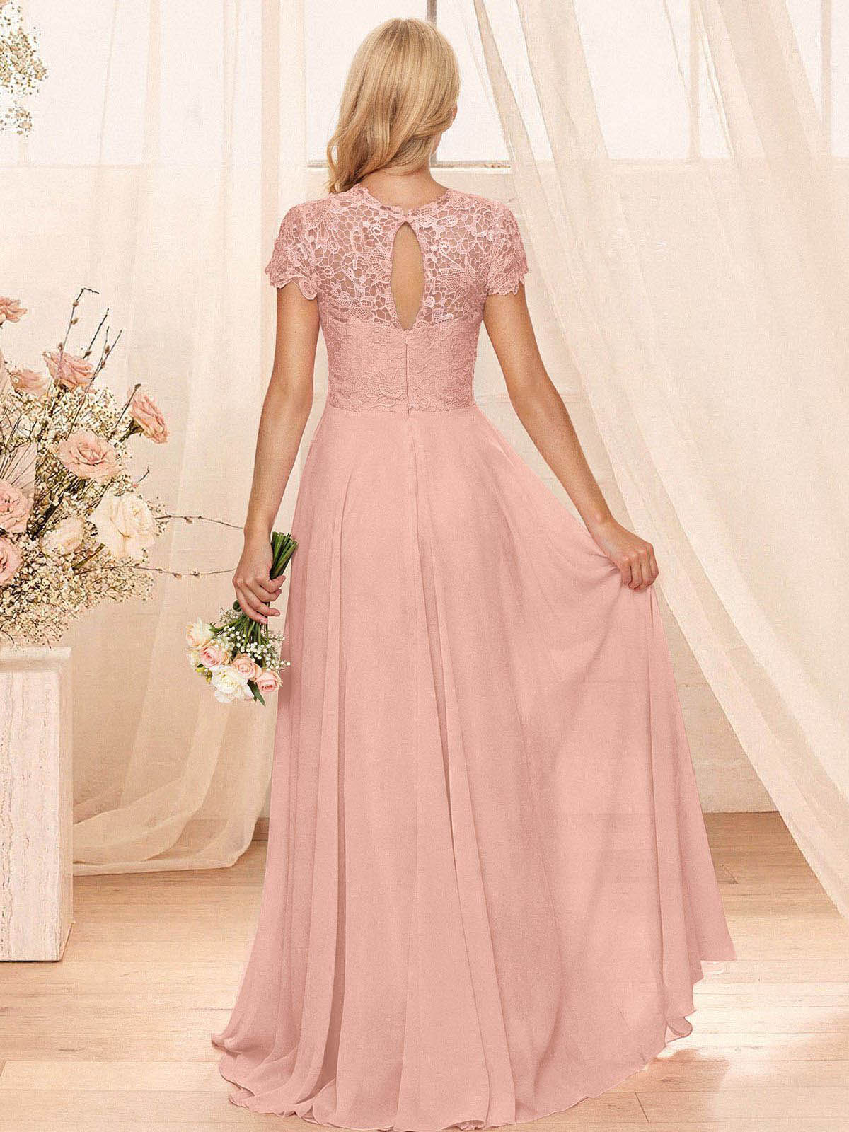 A-Line Scoop Neck Sleeveless Cap Straps Chiffon Floor-Length Bridesmaid Dresses With Lace, product image 2