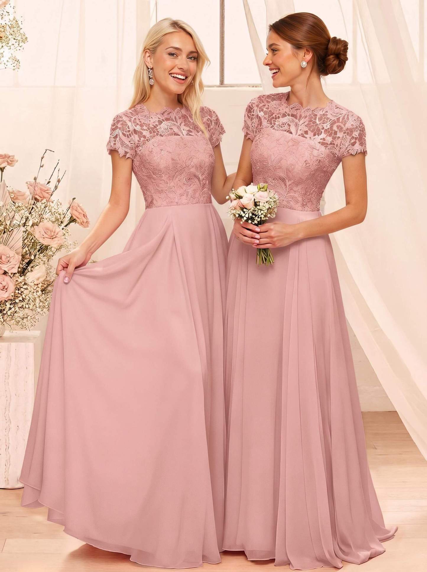 A-Line Scoop Neck Sleeveless Cap Straps Chiffon Floor-Length Bridesmaid Dresses With Lace, product image 43