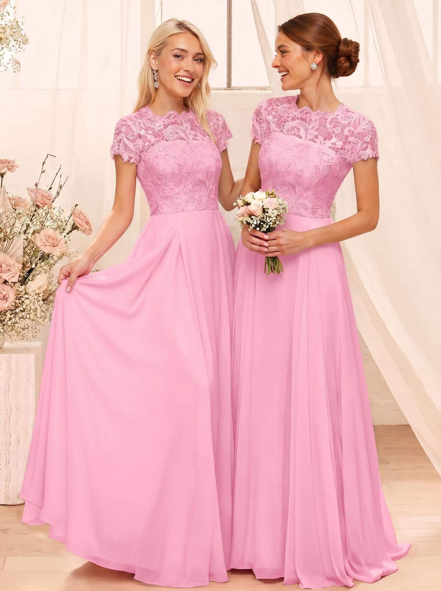 A-Line Scoop Neck Sleeveless Cap Straps Chiffon Floor-Length Bridesmaid Dresses With Lace, product image 51