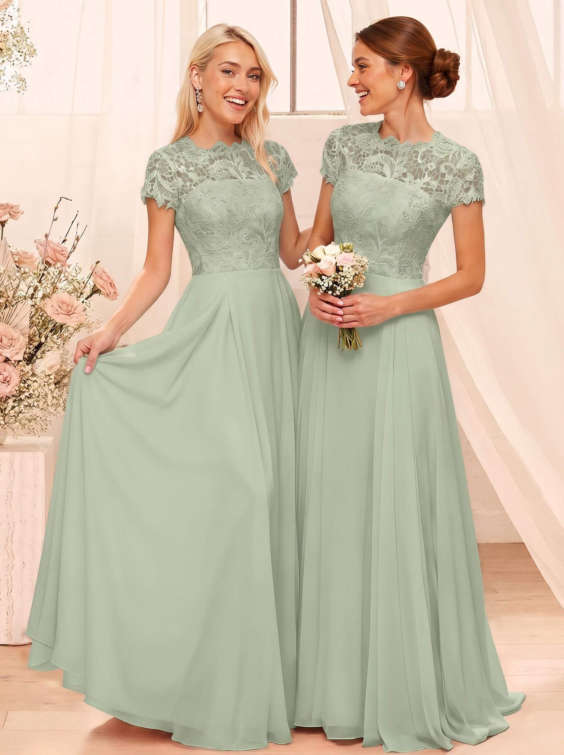 A-Line Scoop Neck Sleeveless Cap Straps Chiffon Floor-Length Bridesmaid Dresses With Lace, product image 87