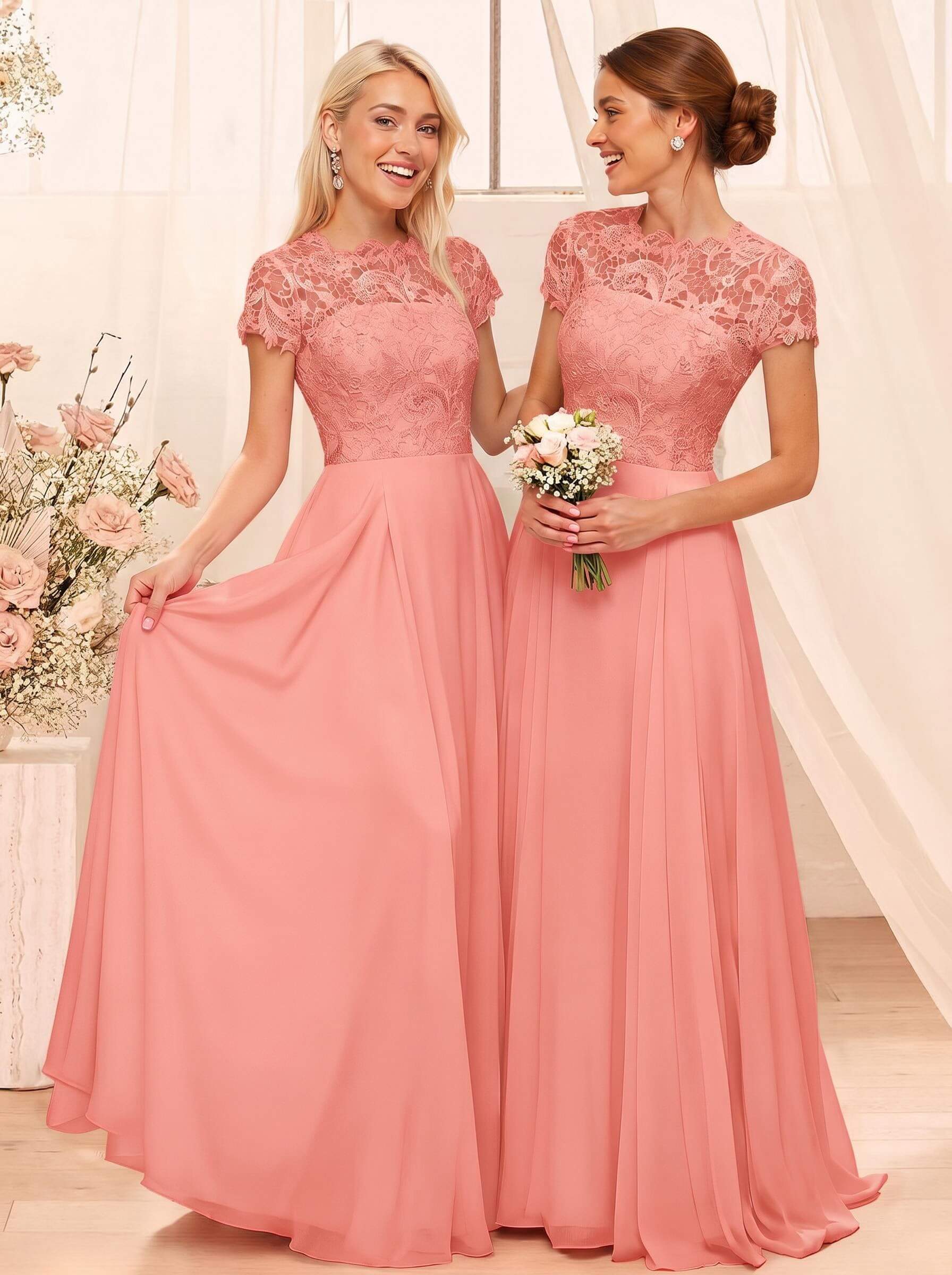 A-Line Scoop Neck Sleeveless Cap Straps Chiffon Floor-Length Bridesmaid Dresses With Lace, product image 47