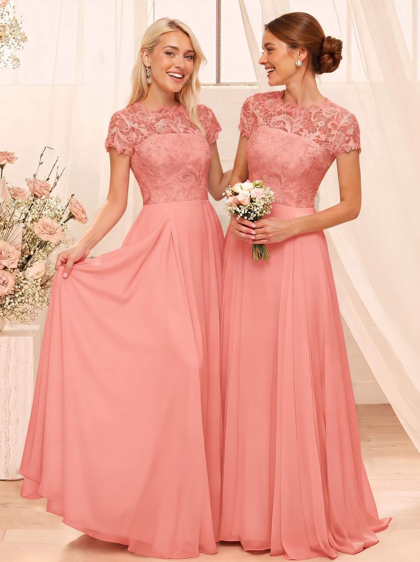 A-Line Scoop Neck Sleeveless Cap Straps Chiffon Floor-Length Bridesmaid Dresses With Lace, product image 47