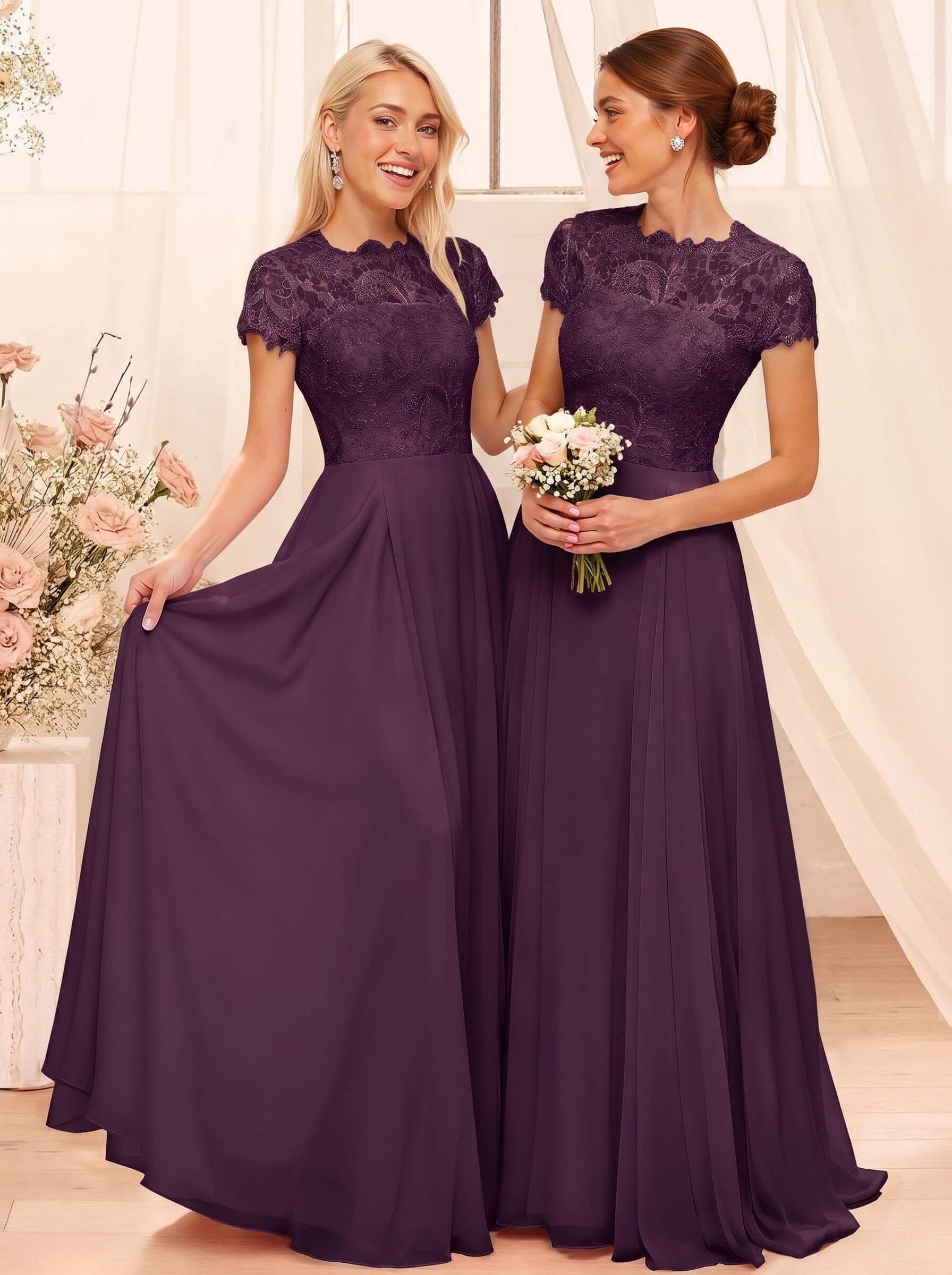 A-Line Scoop Neck Sleeveless Cap Straps Chiffon Floor-Length Bridesmaid Dresses With Lace, product image 69