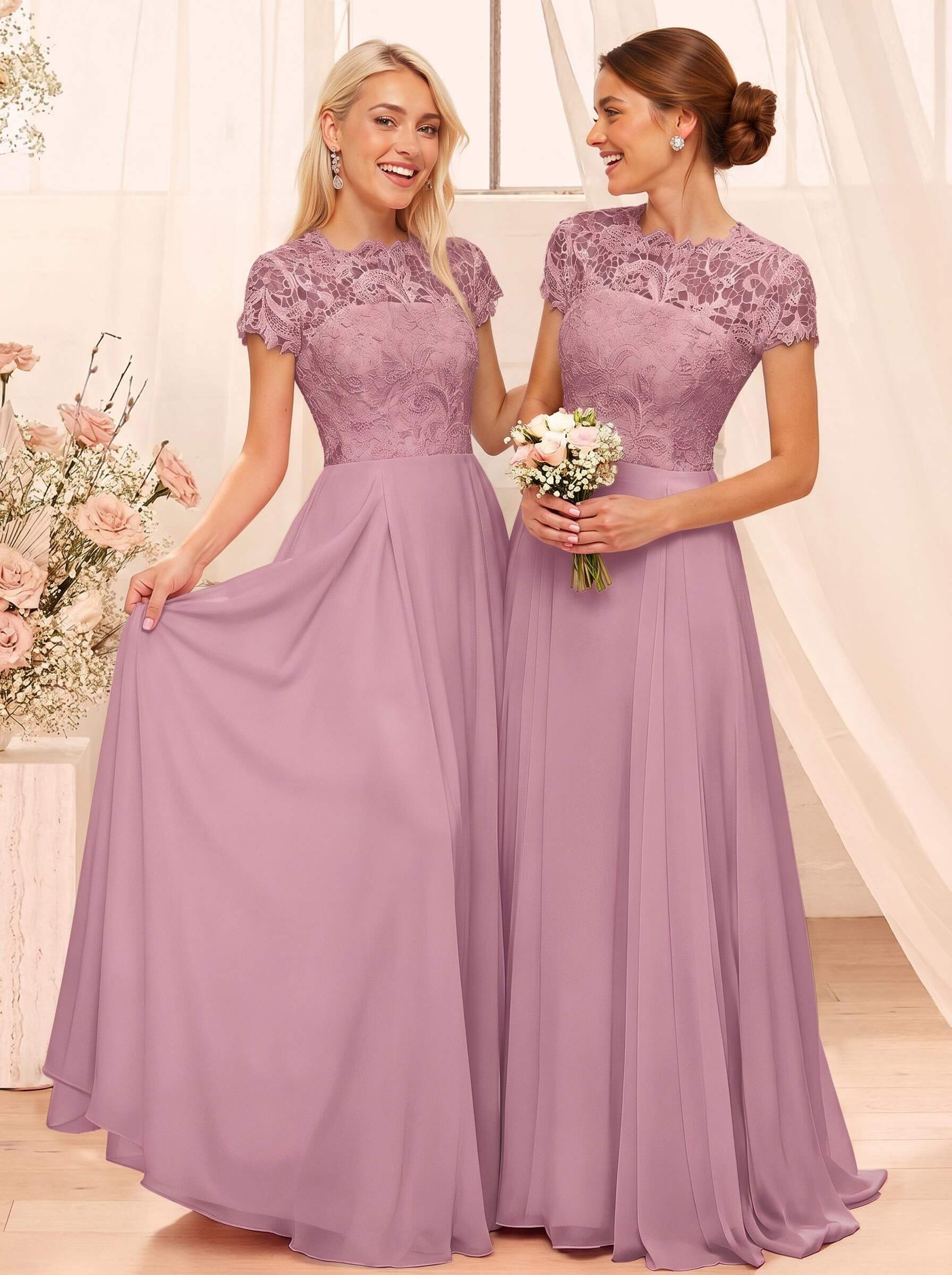 A-Line Scoop Neck Sleeveless Cap Straps Chiffon Floor-Length Bridesmaid Dresses With Lace, product image 59