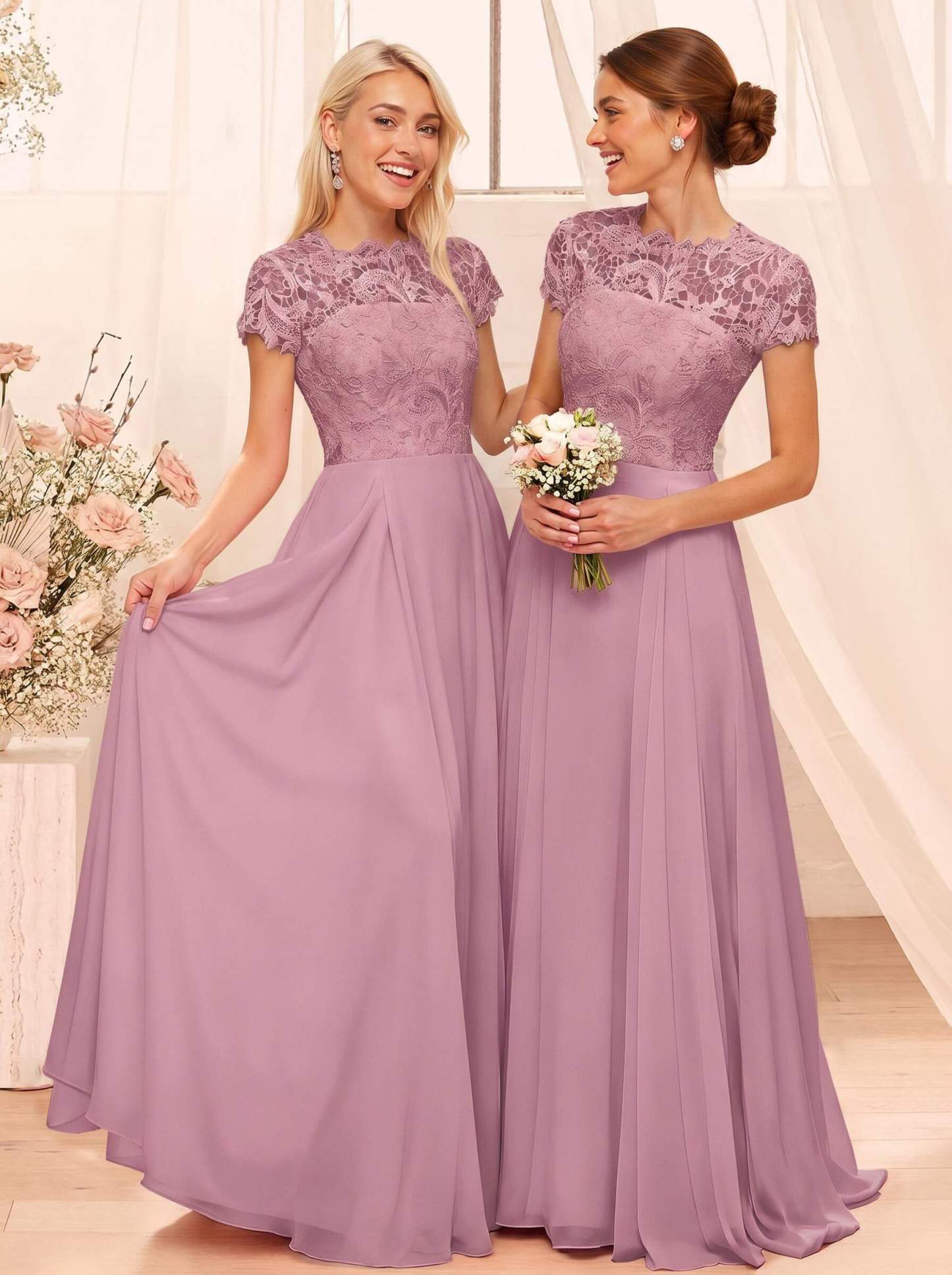 A-Line Scoop Neck Sleeveless Cap Straps Chiffon Floor-Length Bridesmaid Dresses With Lace, product image 59