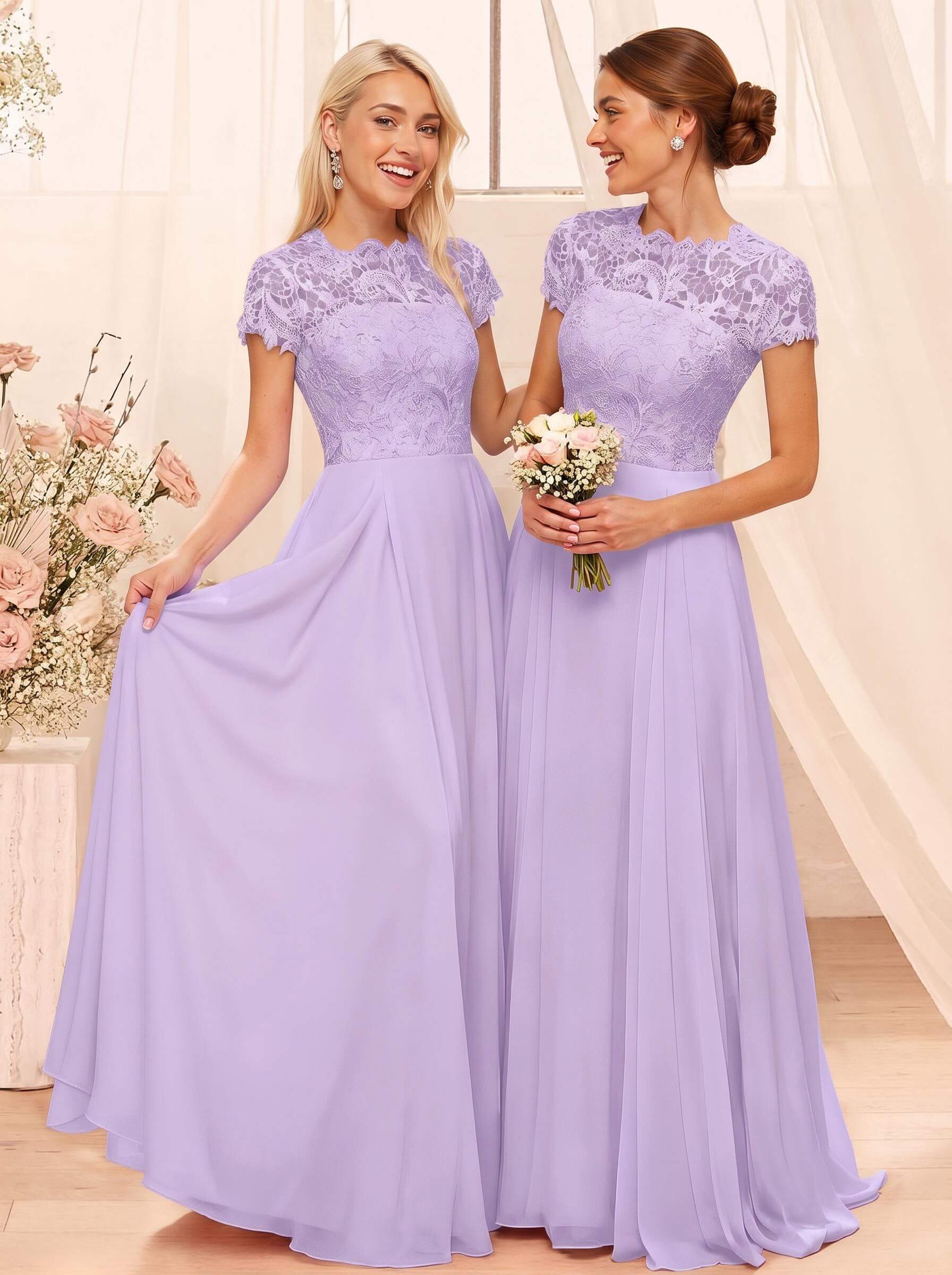 A-Line Scoop Neck Sleeveless Cap Straps Chiffon Floor-Length Bridesmaid Dresses With Lace, product image 61