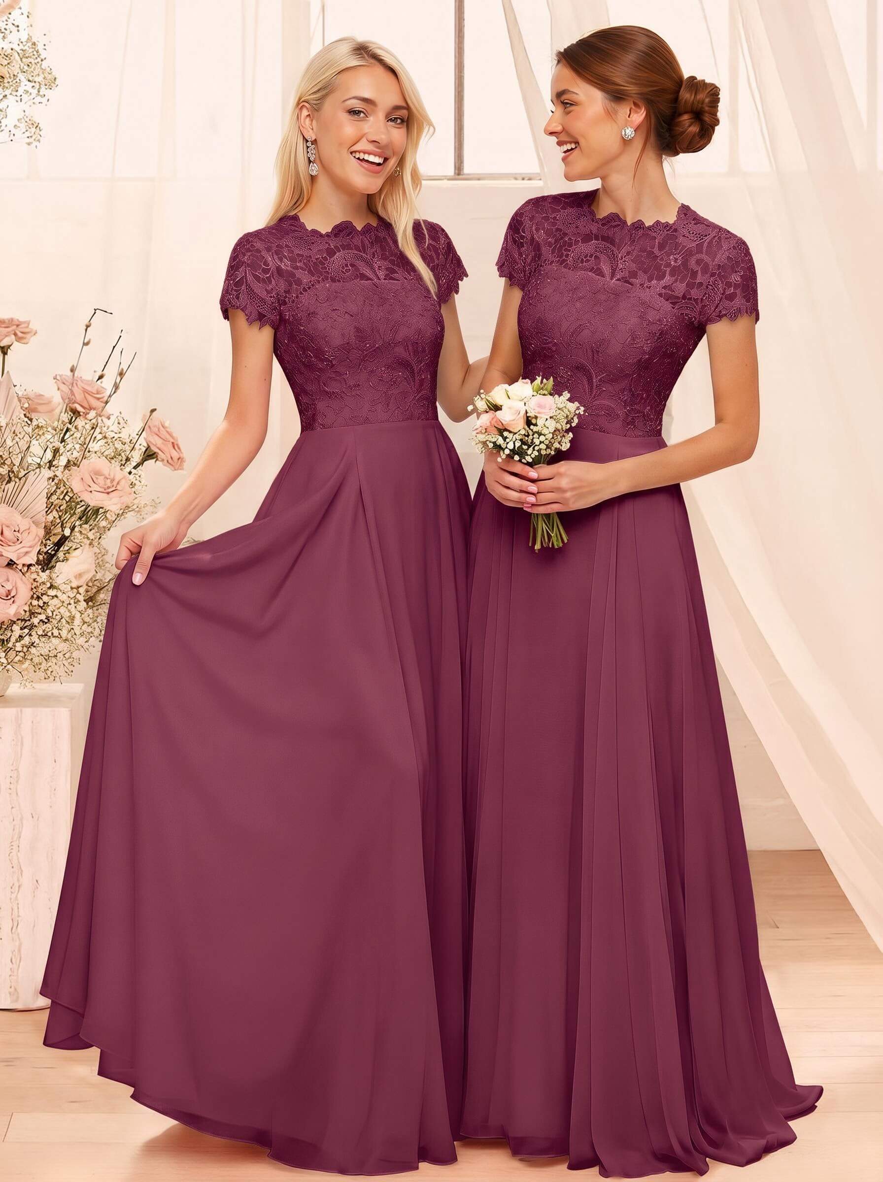 A-Line Scoop Neck Sleeveless Cap Straps Chiffon Floor-Length Bridesmaid Dresses With Lace, product image 33